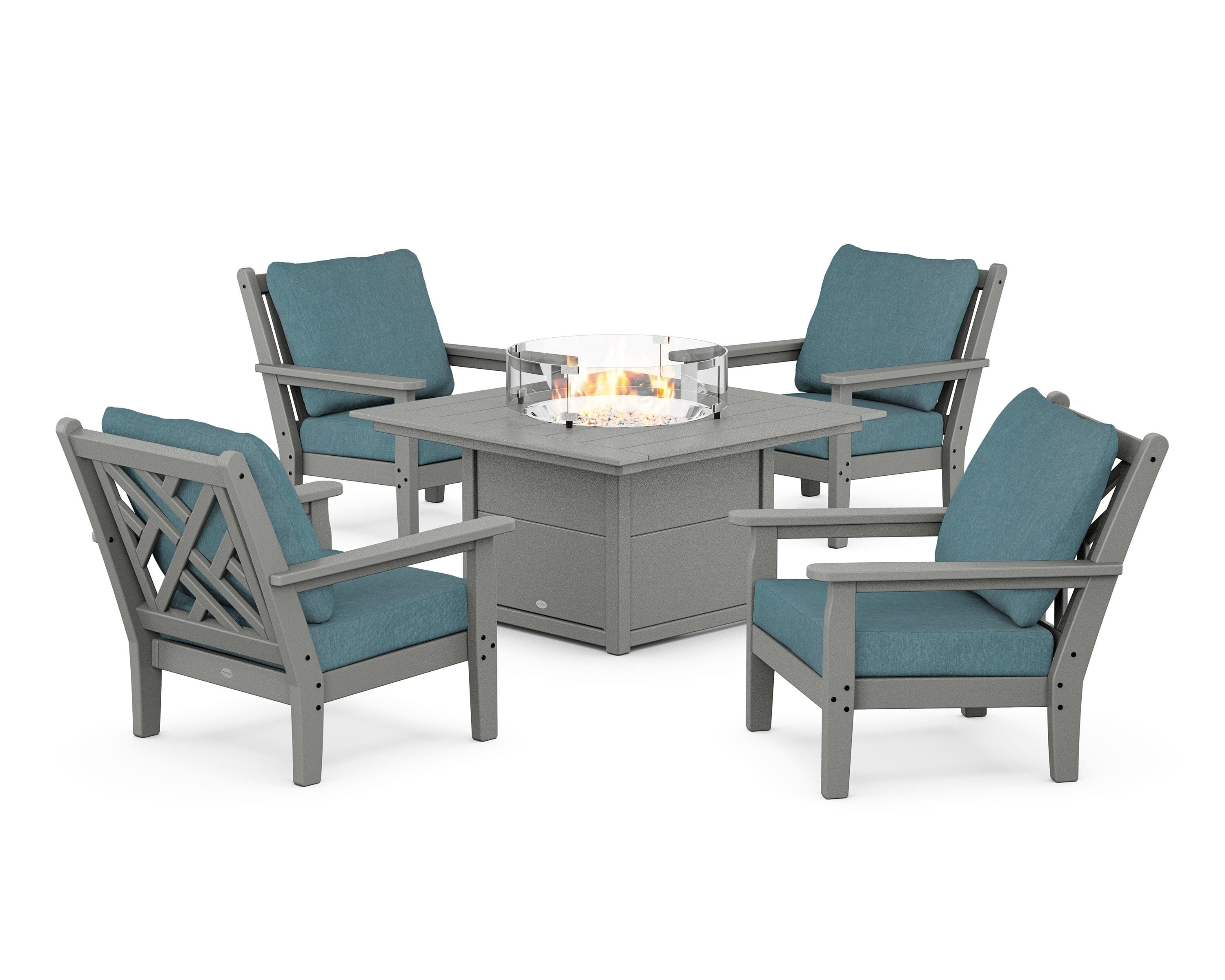 POLYWOOD Chippendale 5-Piece Deep Seating Set with Fire Pit Table in Slate Grey / Ocean Teal