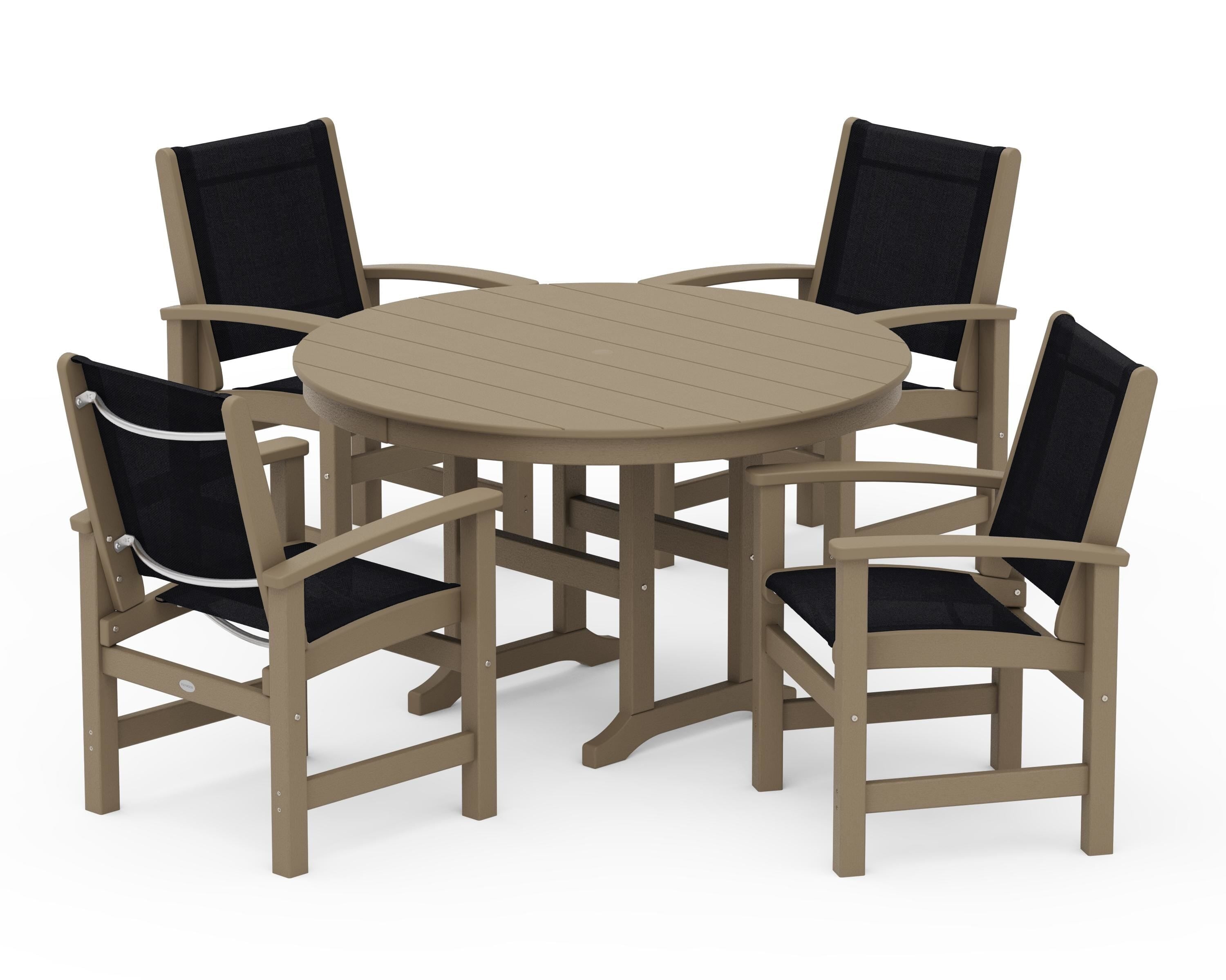POLYWOOD Coastal 5-Piece Round Farmhouse Dining Set in Vintage Sahara / Black Sling