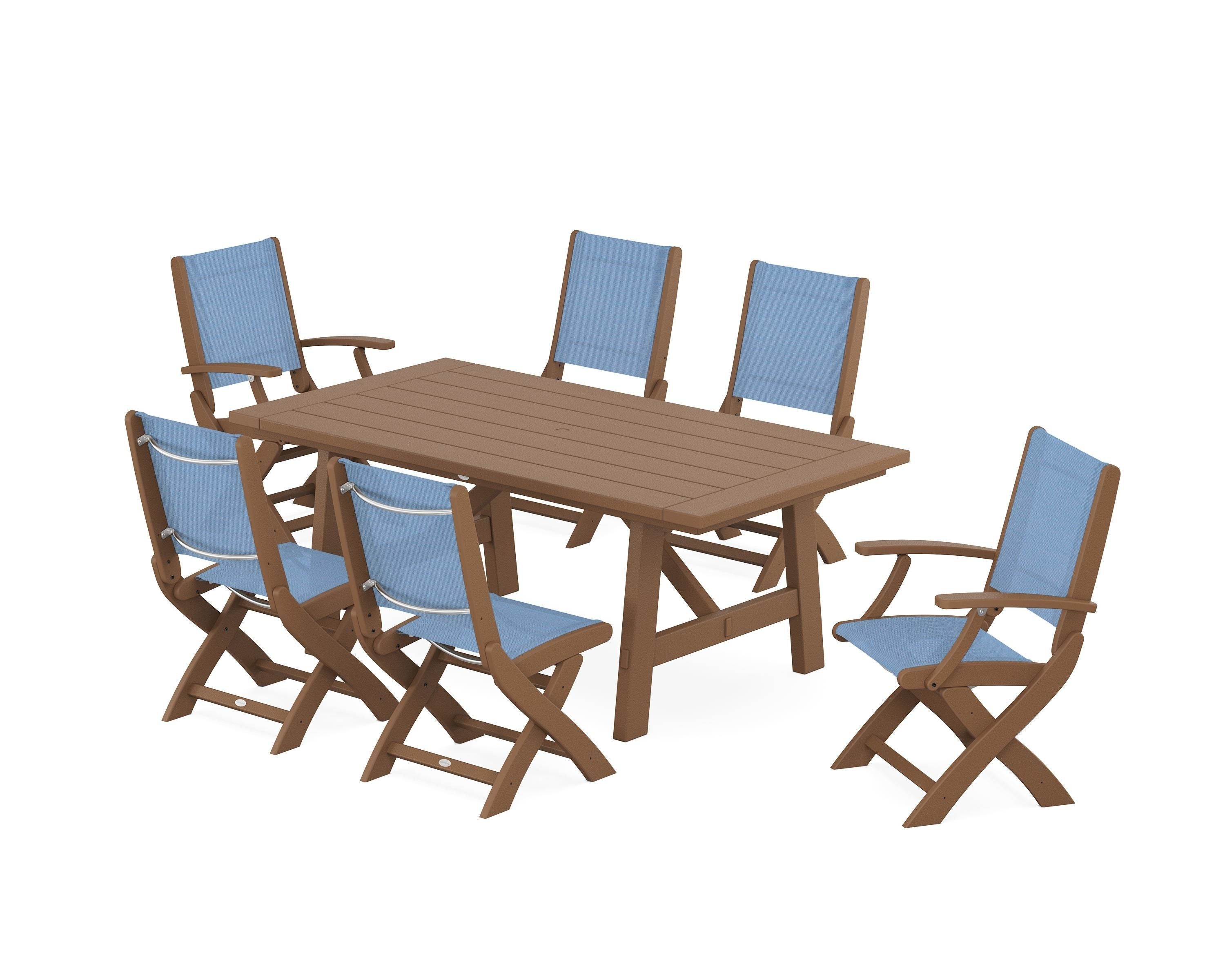 POLYWOOD Coastal Folding Chair 7-Piece Rustic Farmhouse Dining Set in Teak / Poolside Sling