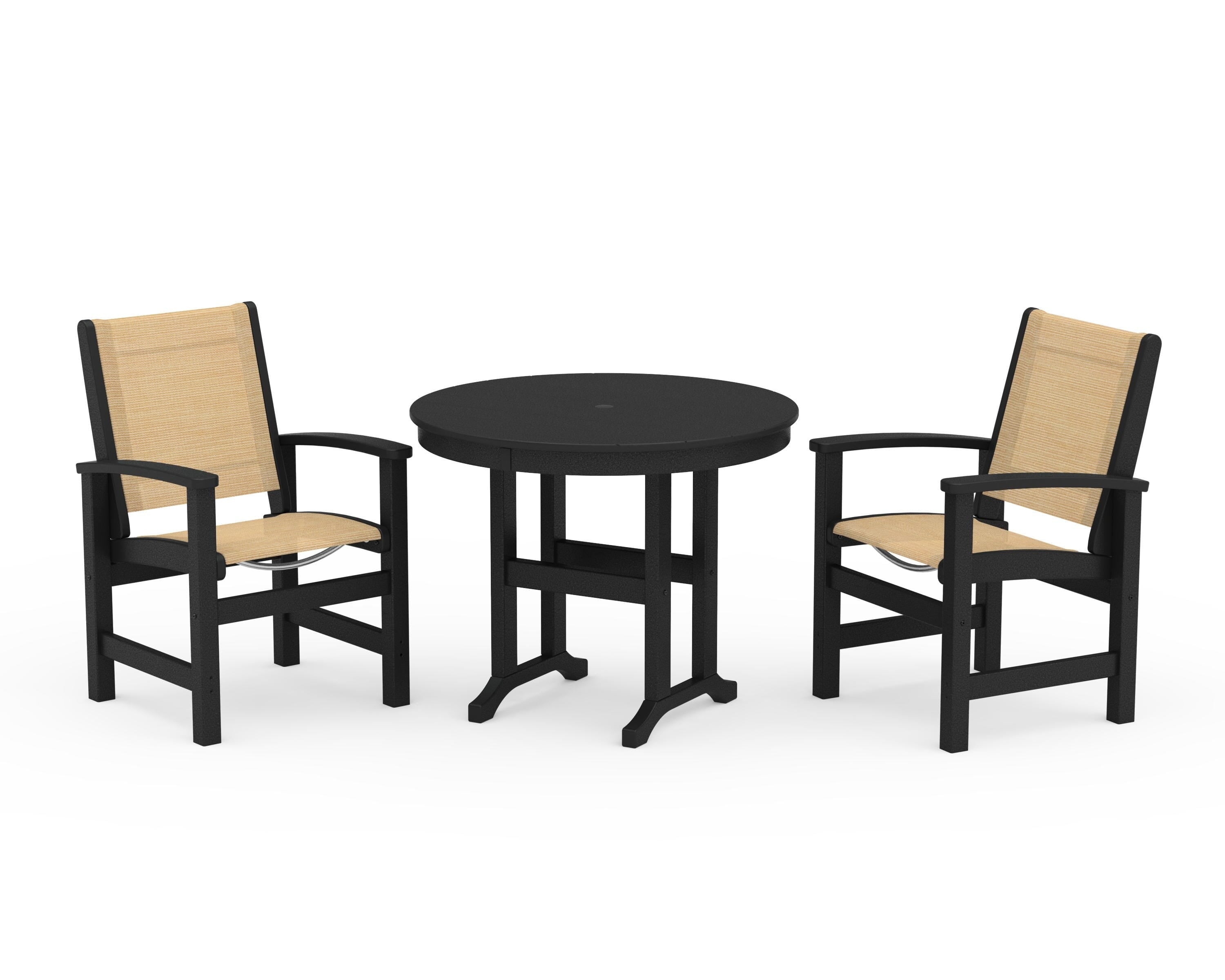 POLYWOOD Coastal 3-Piece Round Dining Set in Black / Dupioni Apricot Sling