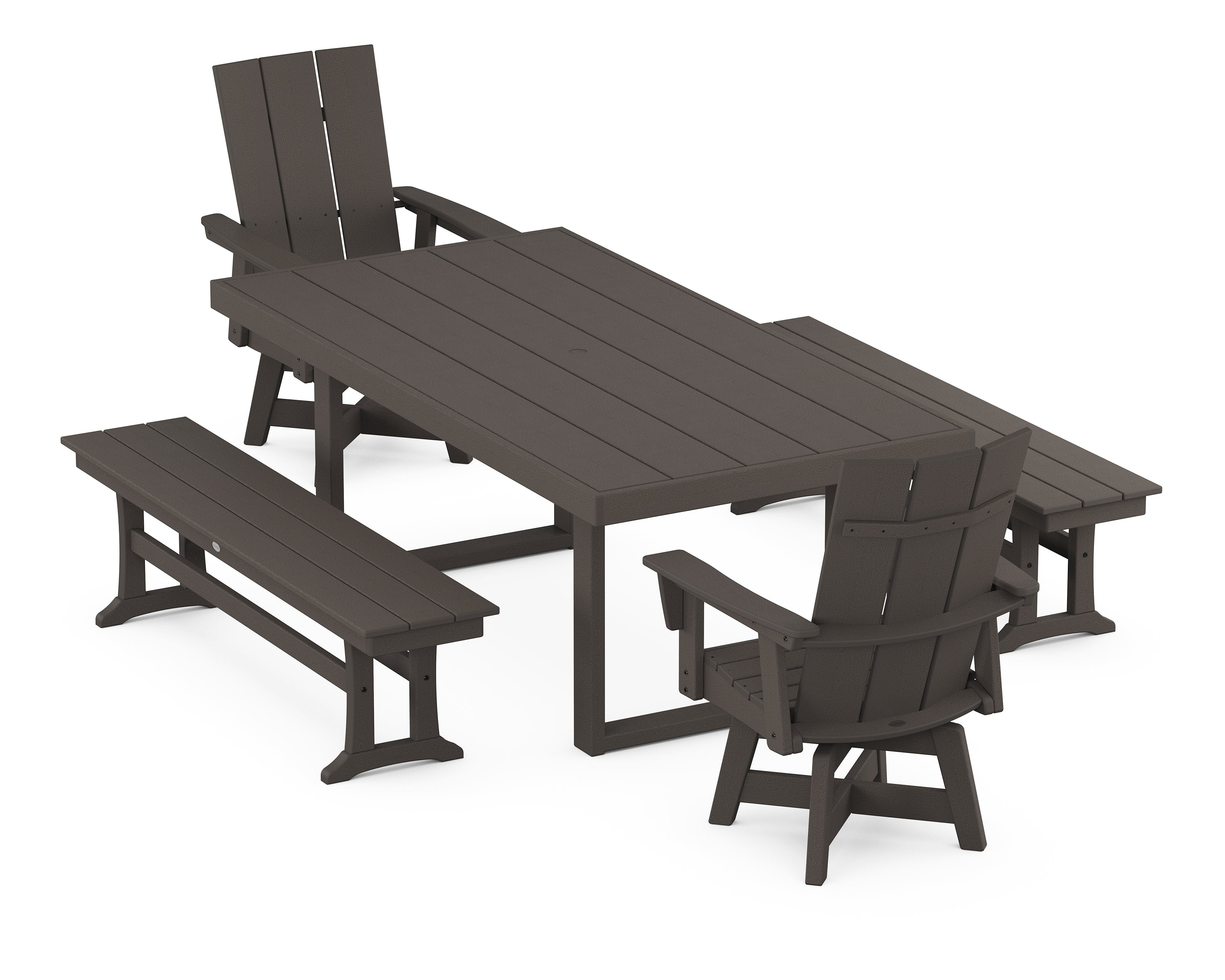 POLYWOOD Modern Adirondack Swivel Chair 5-Piece Dining Set with Benches in Vintage Coffee