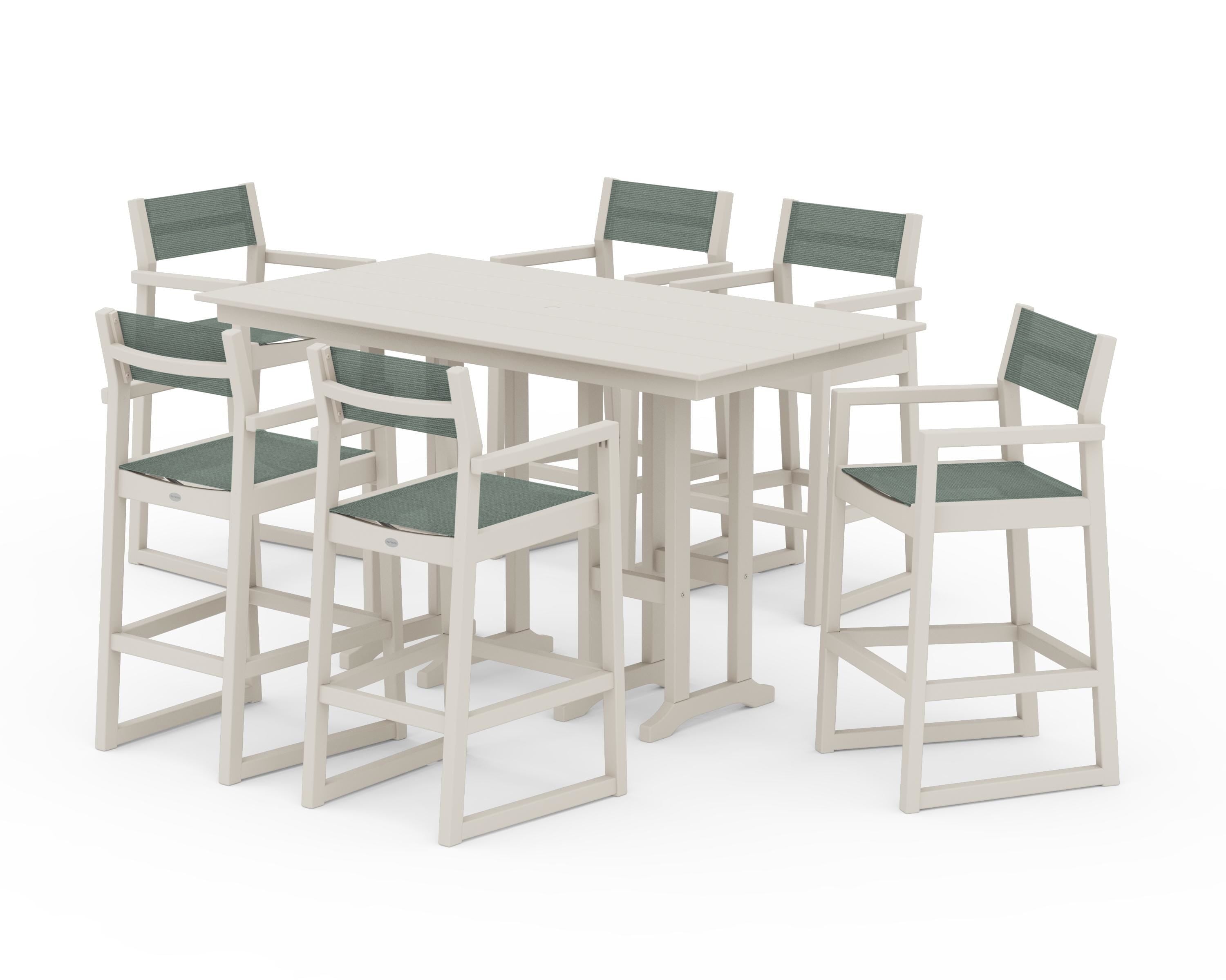 POLYWOOD EDGE Sling Arm Chair 7-Piece Farmhouse Bar Set in Sand / Dupioni Sea Mist Sling