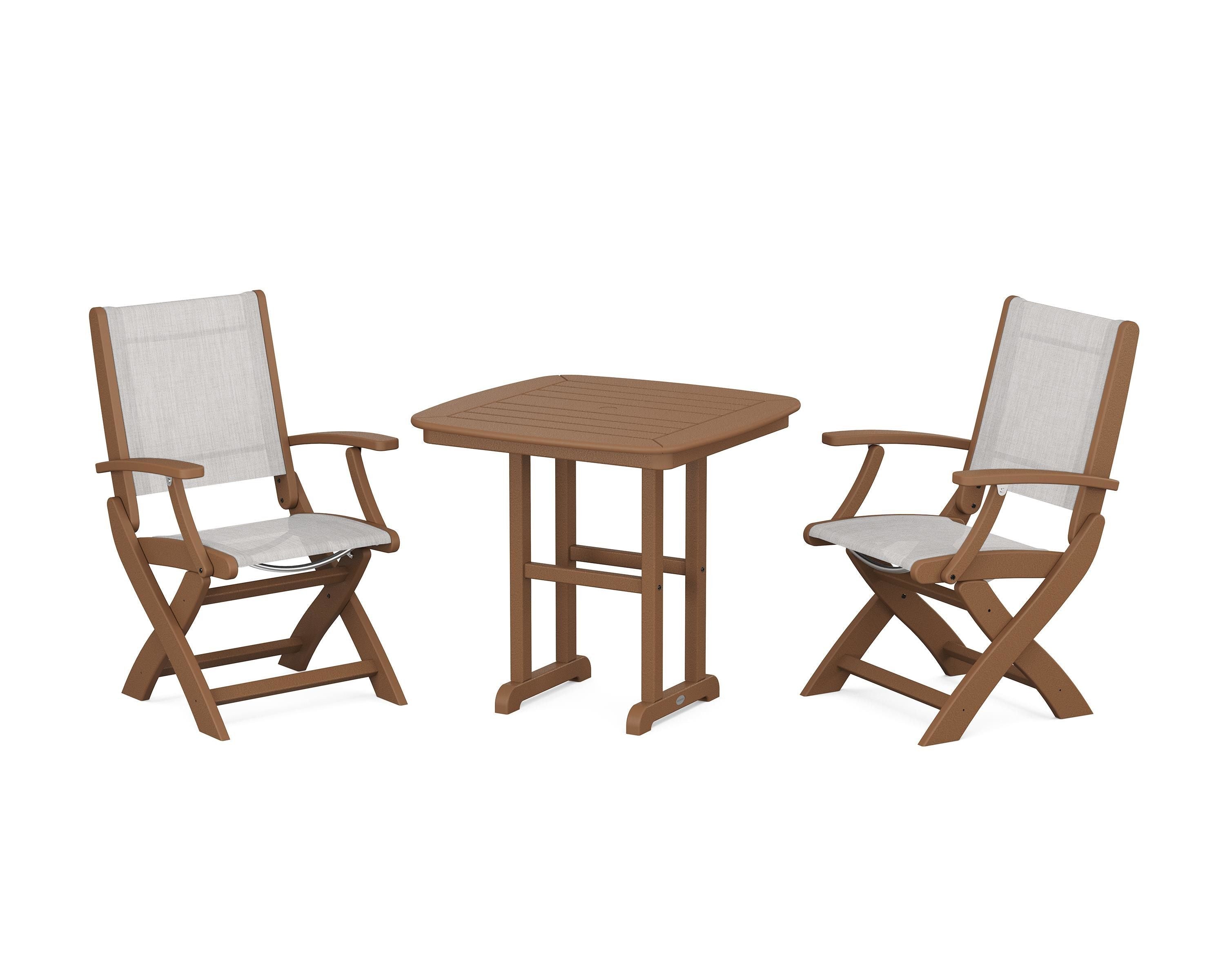 POLYWOOD Coastal Folding Chair 3-Piece Dining Set in Teak / Parchment Sling