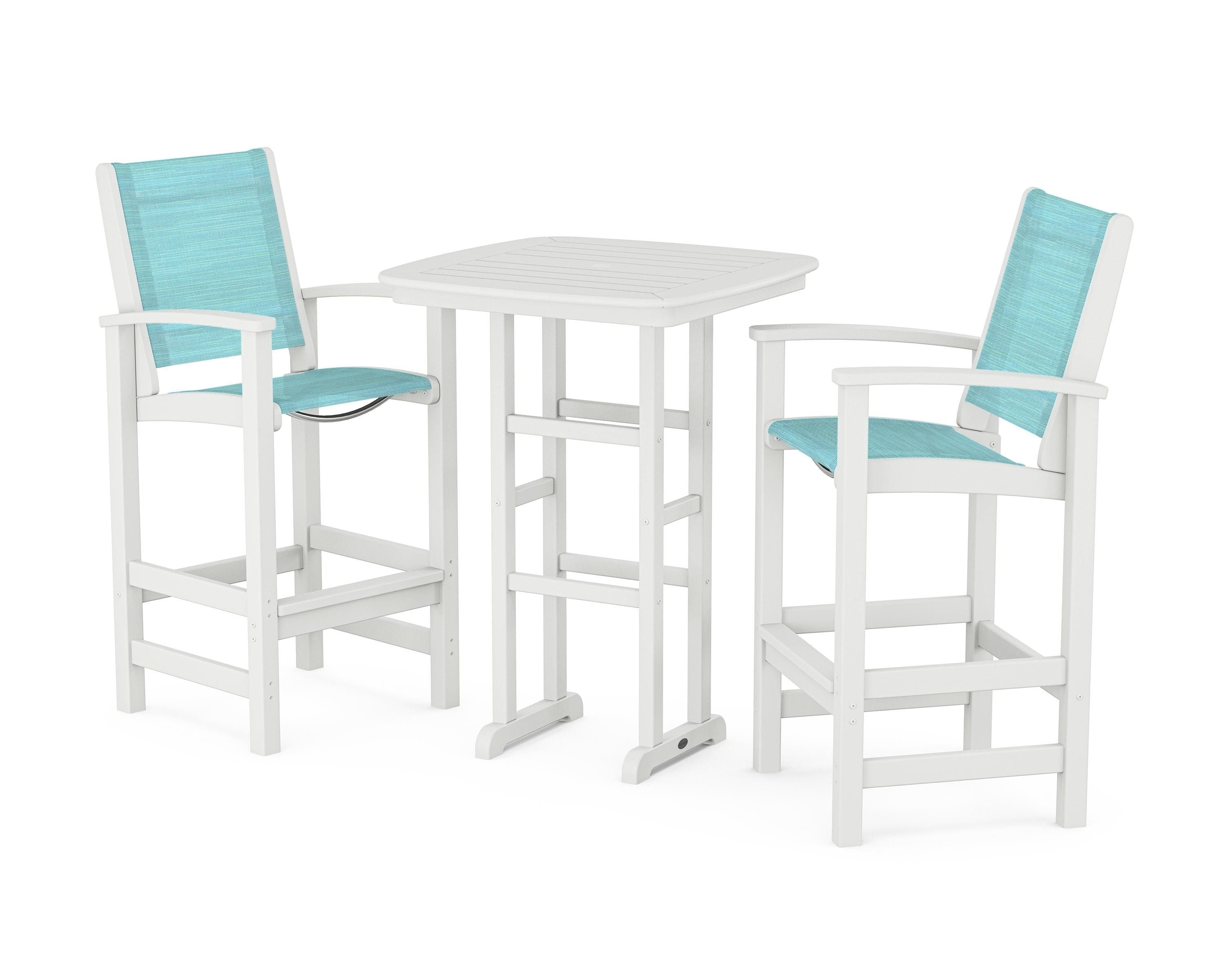 POLYWOOD Coastal 3-Piece Bar Set in White / Dupioni Aquamarine Sling