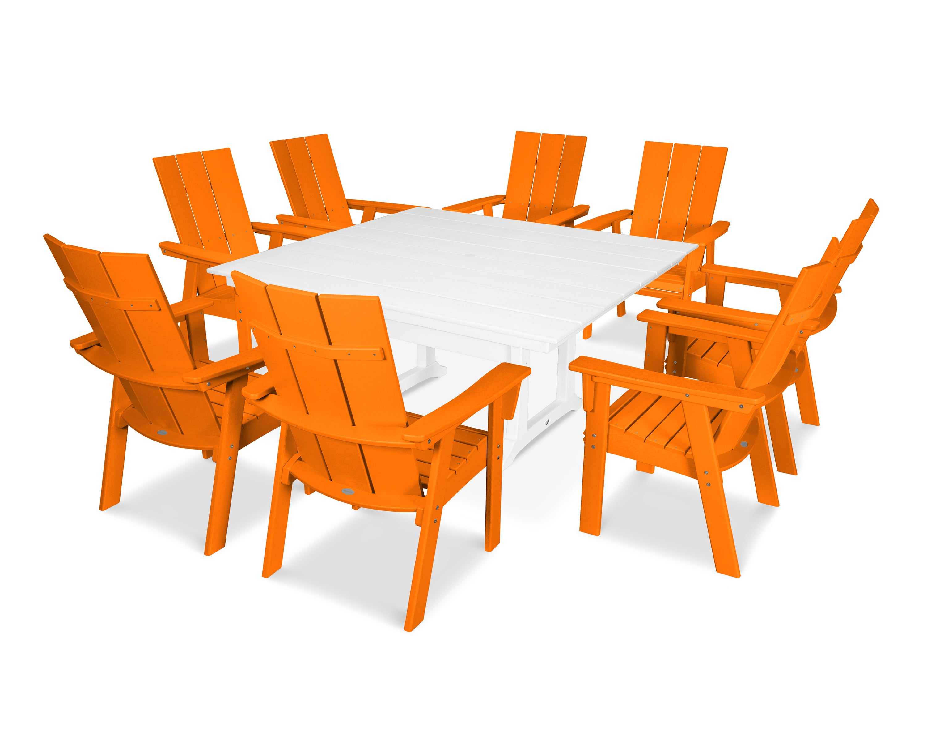 POLYWOOD® Modern Curveback Adirondack 9-Piece Farmhouse Trestle Dining Set in Tangerine / White