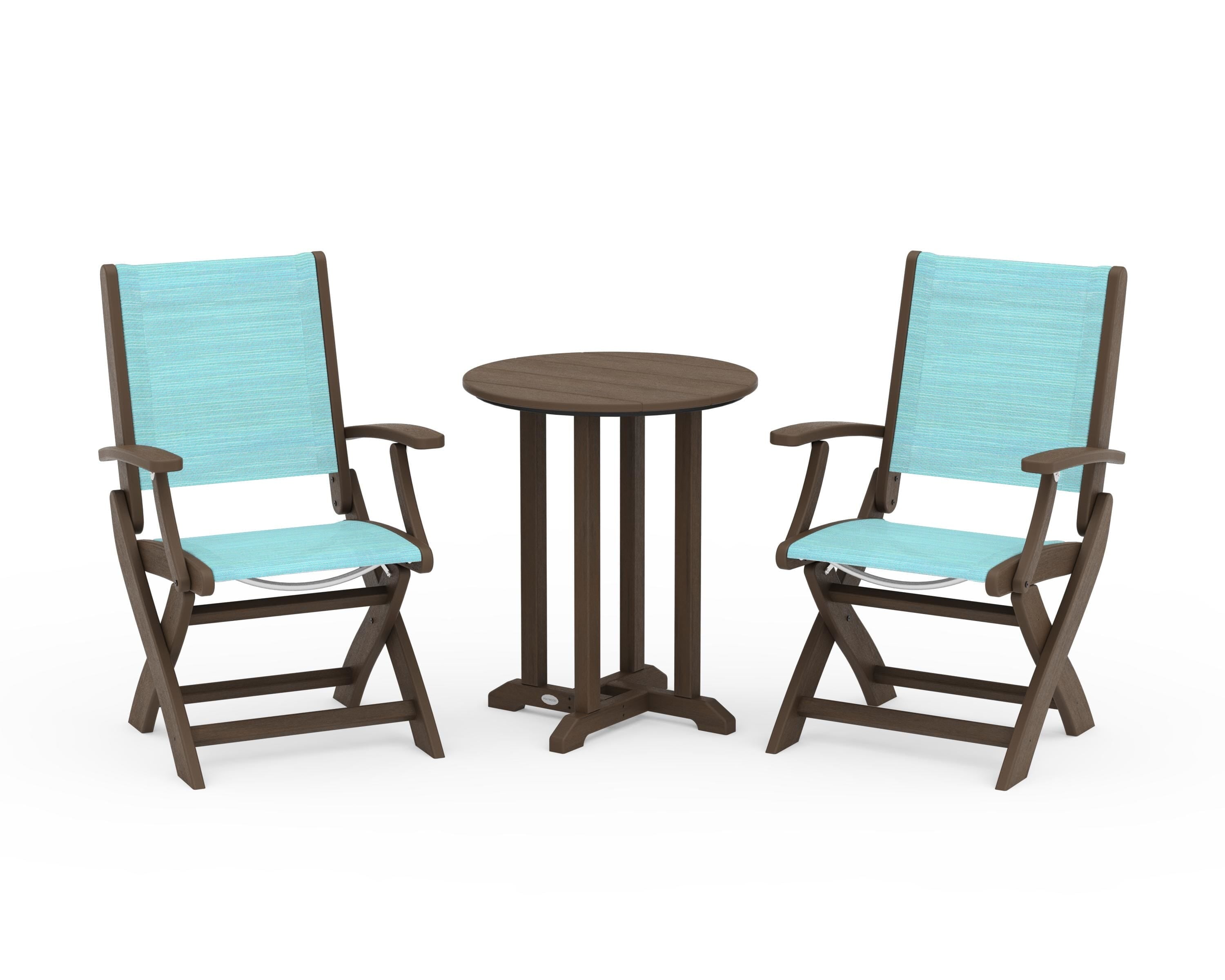 POLYWOOD Coastal Folding 3-Piece Round Bistro Dining Set in Kona / Dupioni Aquamarine Sling