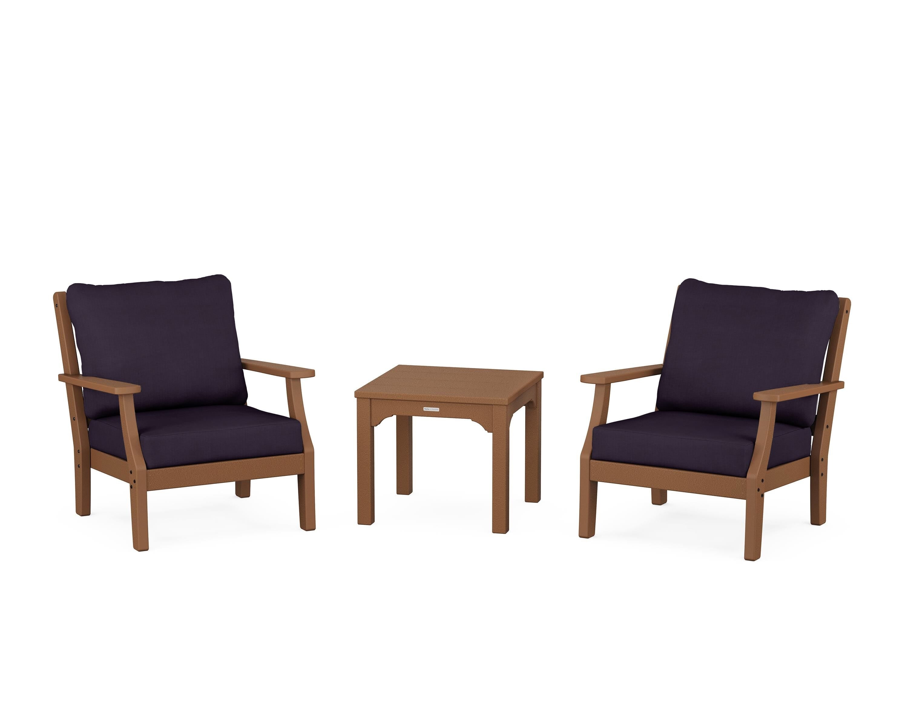 Martha Stewart by POLYWOOD Chinoiserie 3-Piece Deep Seating Set in Teak / Navy Linen