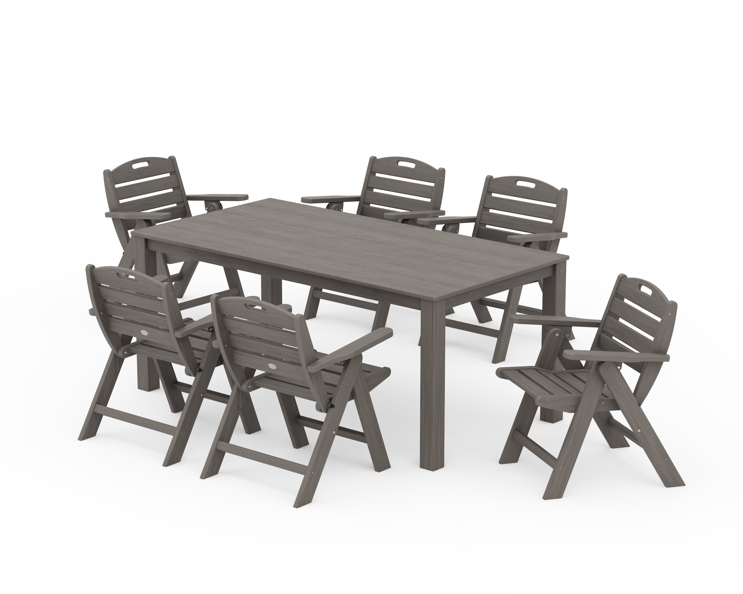 POLYWOOD Nautical Folding Lowback Chair 7-Piece Parsons Dining Set in Driftwood