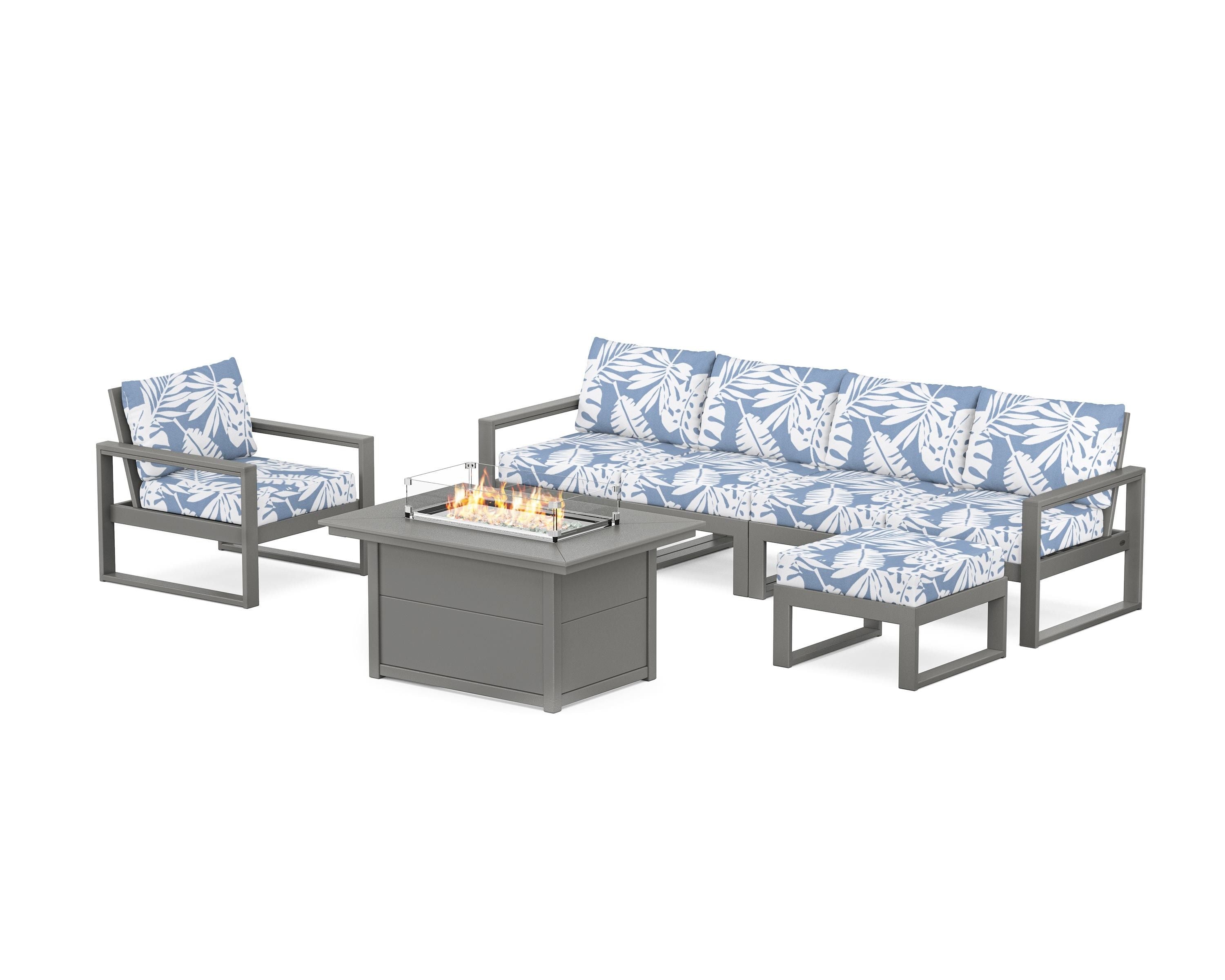 POLYWOOD EDGE Sectional Lounge and Fire Pit Set in Slate Grey / Leaf Sky Blue