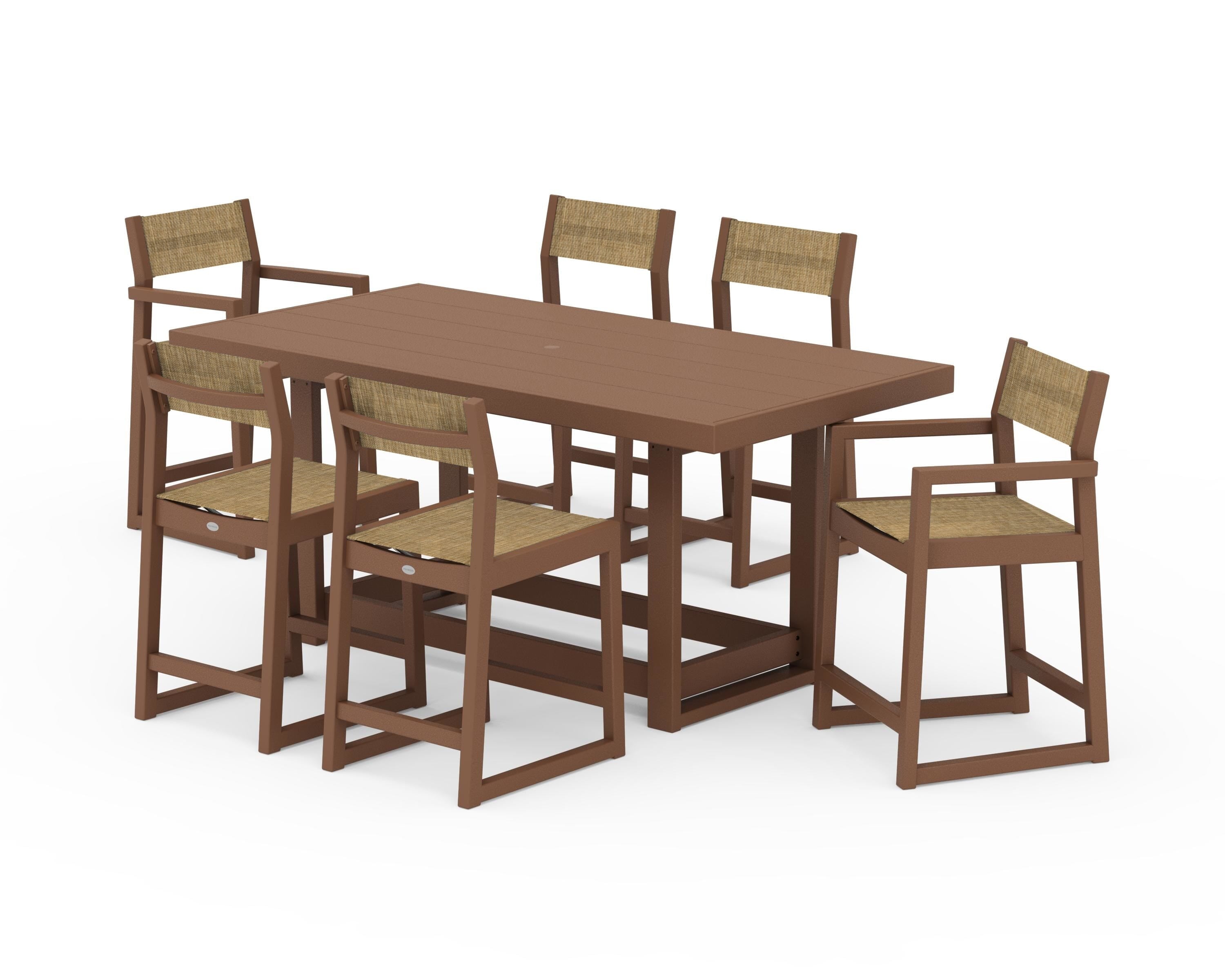 POLYWOOD EDGE Sling 7-Piece Counter Table Set in Teak / Burlap Sling