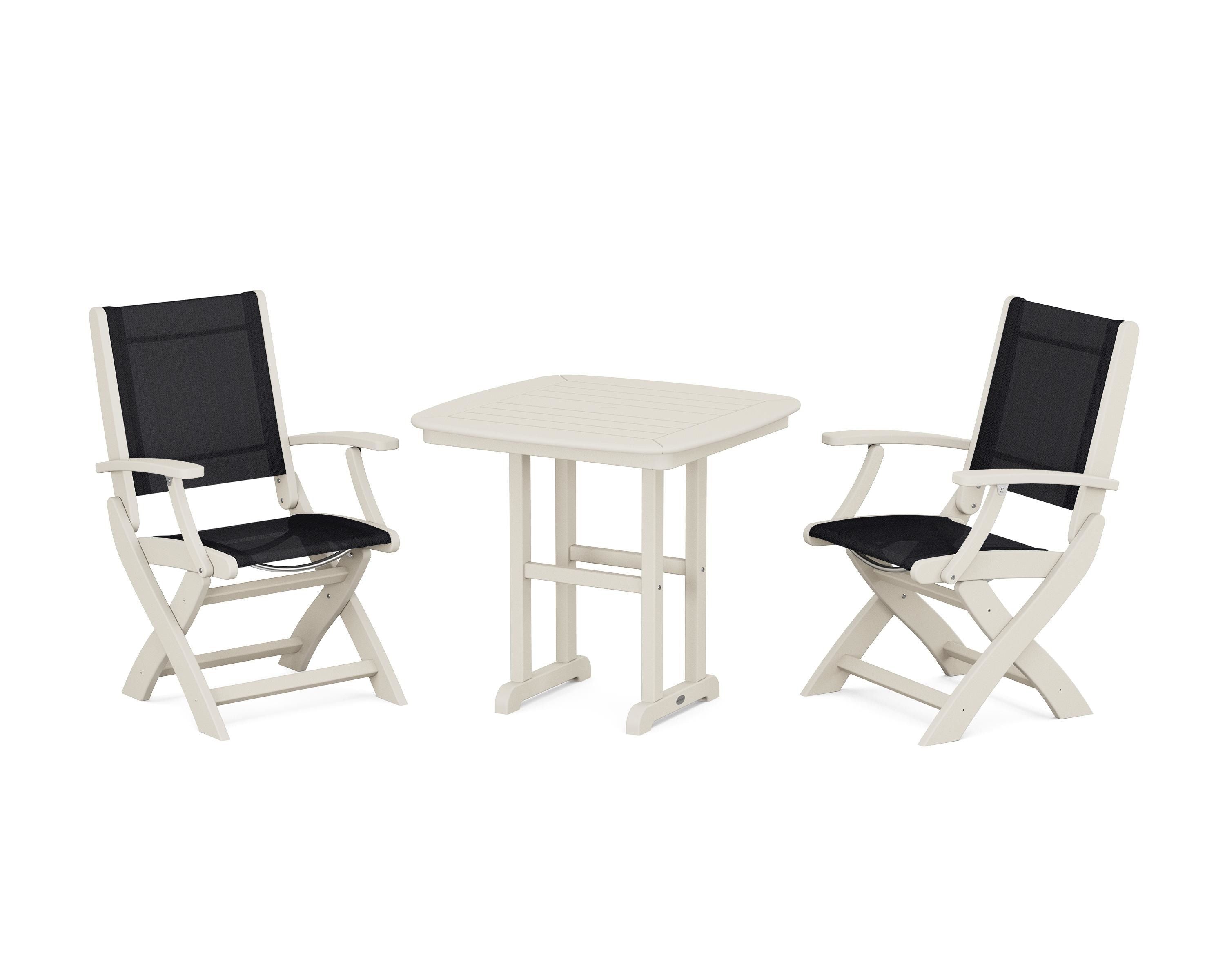 POLYWOOD Coastal Folding Chair 3-Piece Dining Set in Sand / Black Sling