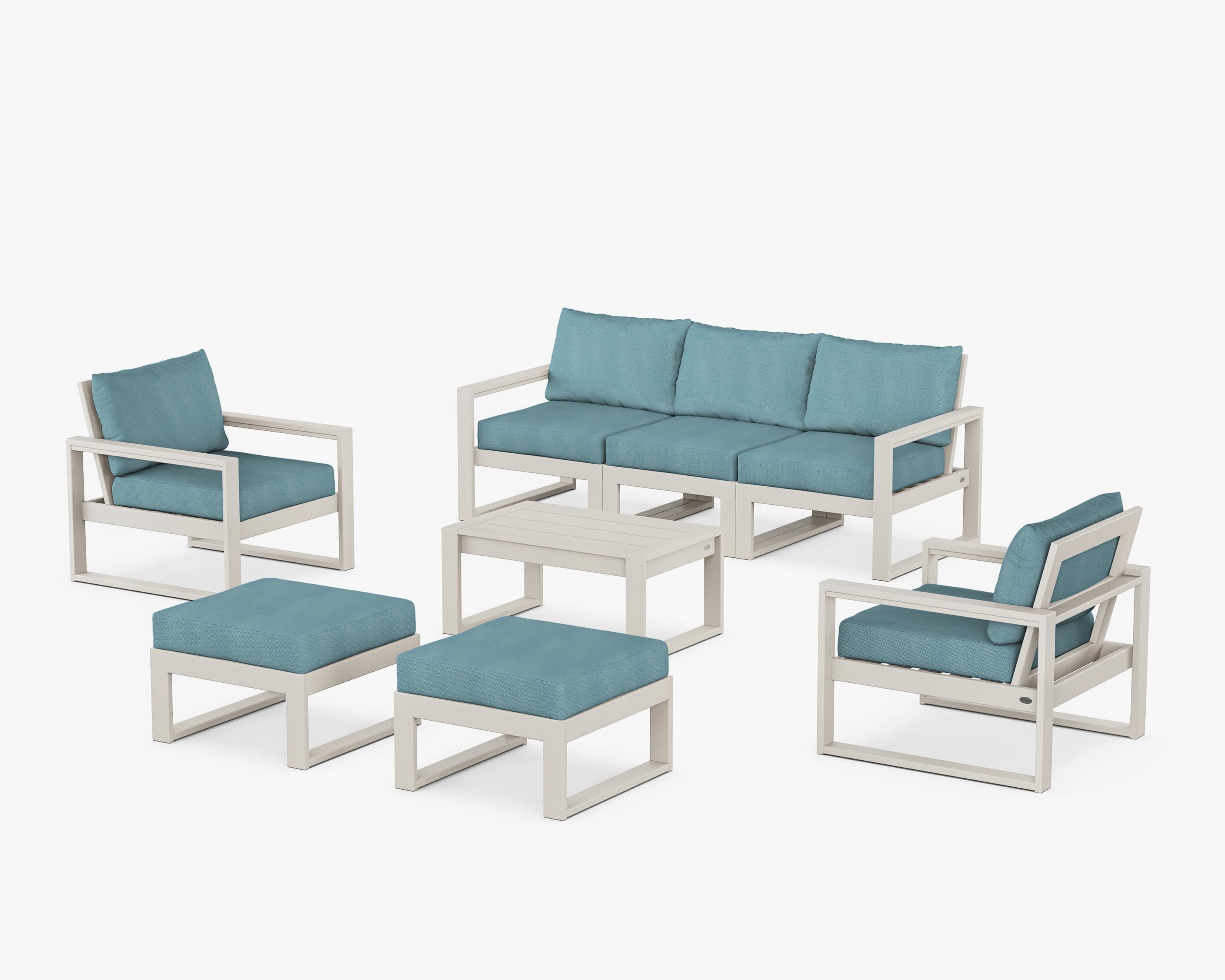 POLYWOOD EDGE Sectional 8-Piece Lounge Sofa Set in Sand / Lattice Sky Blue