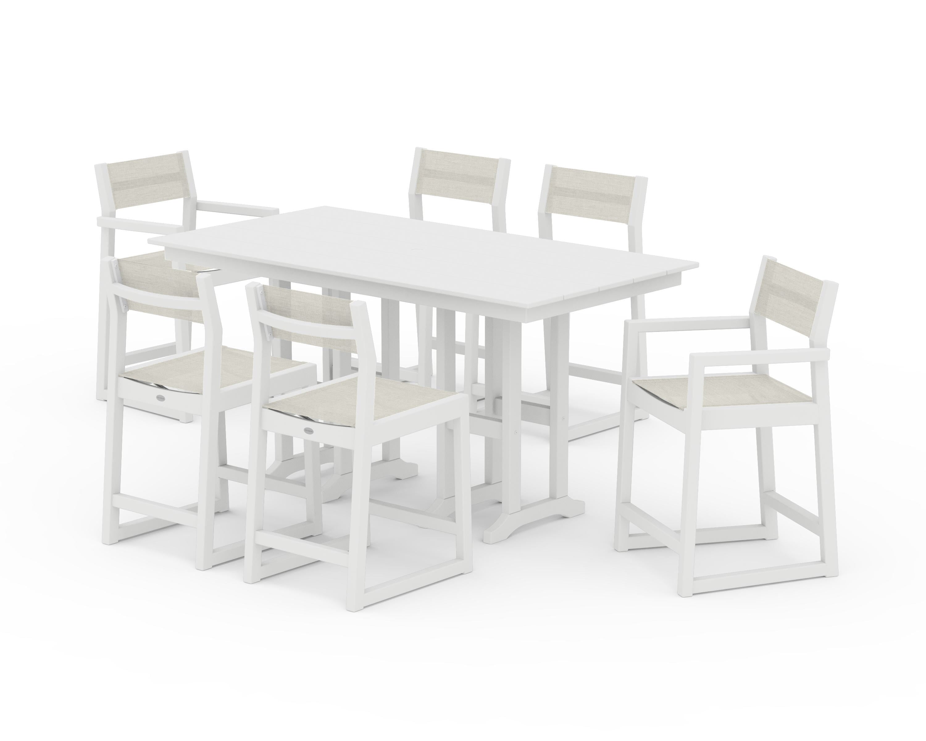 POLYWOOD EDGE Sling 7-Piece Farmhouse Counter Set in White / Parchment Sling