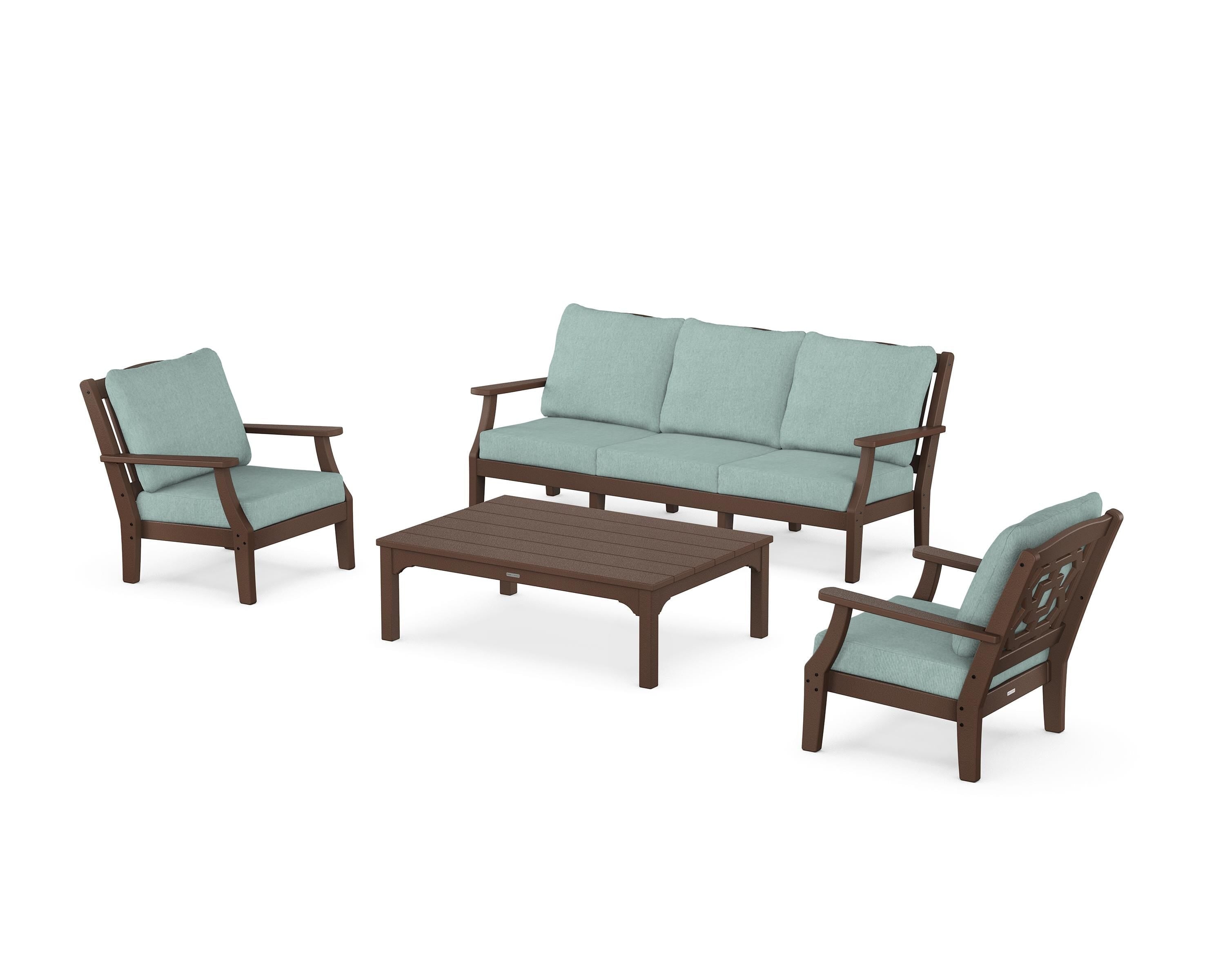 Martha Stewart by POLYWOOD Chinoiserie 4-Piece Deep Seating Set with Sofa in Mahogany / Glacier Spa