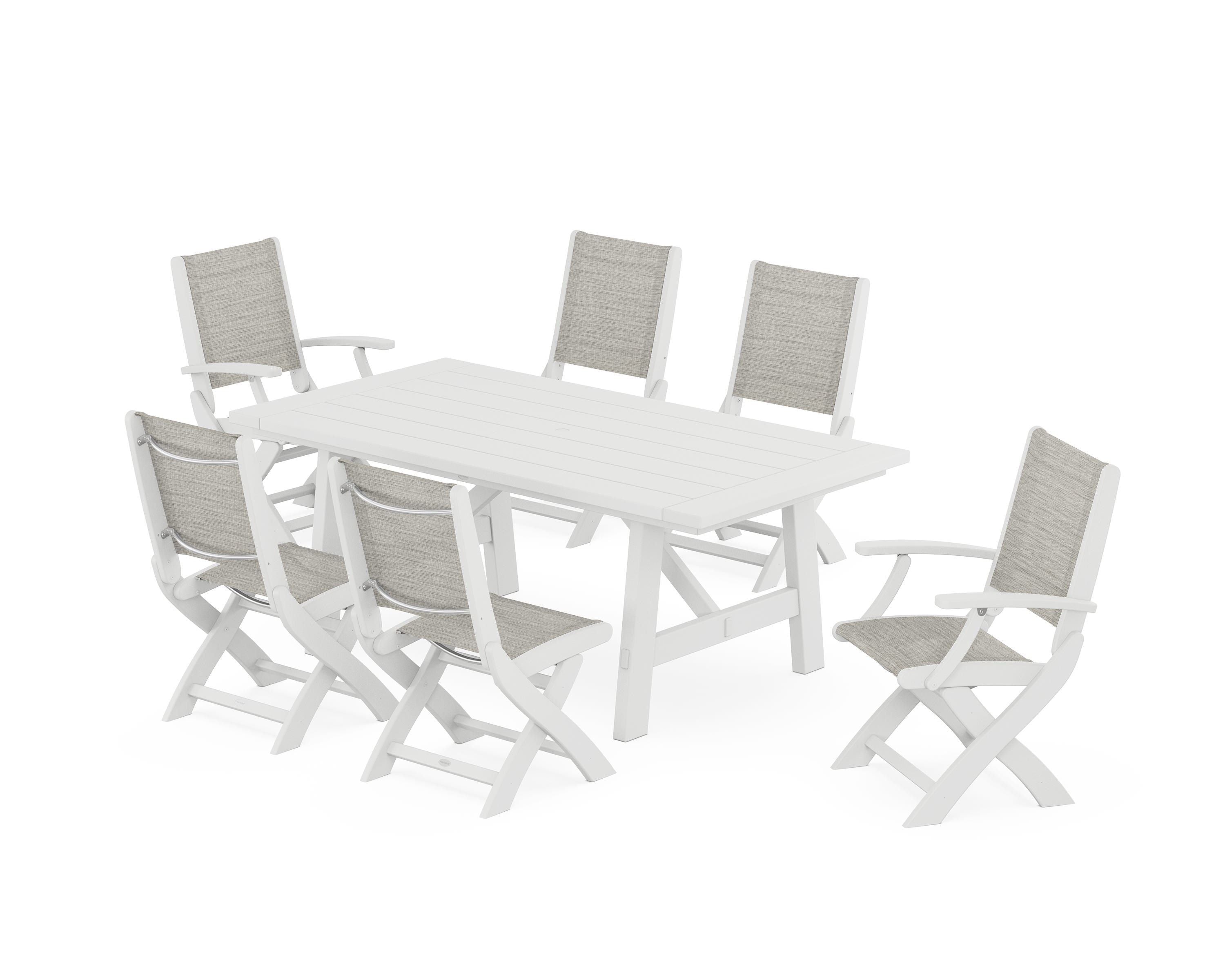 POLYWOOD Coastal Folding Chair 7-Piece Rustic Farmhouse Dining Set in White / Birch Sling