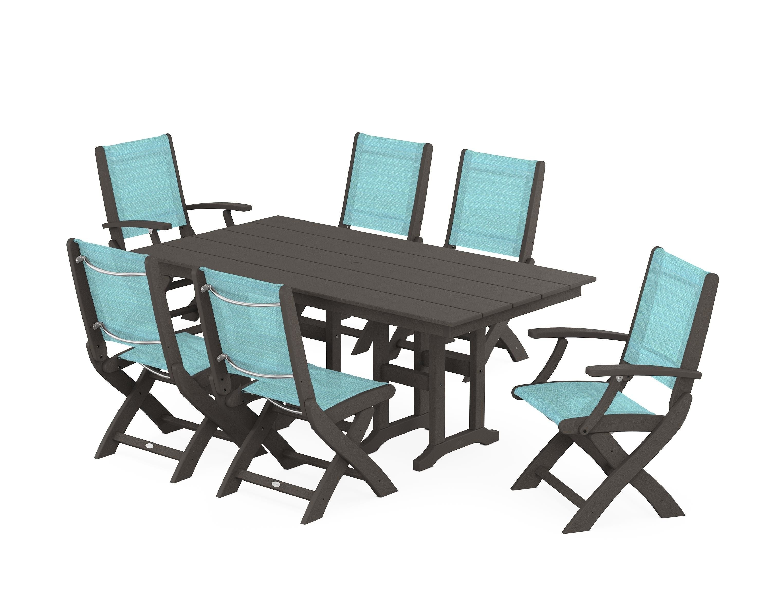 POLYWOOD Coastal Folding Chair 7-Piece Farmhouse Dining Set in Vintage Coffee / Dupioni Aquamarine Sling