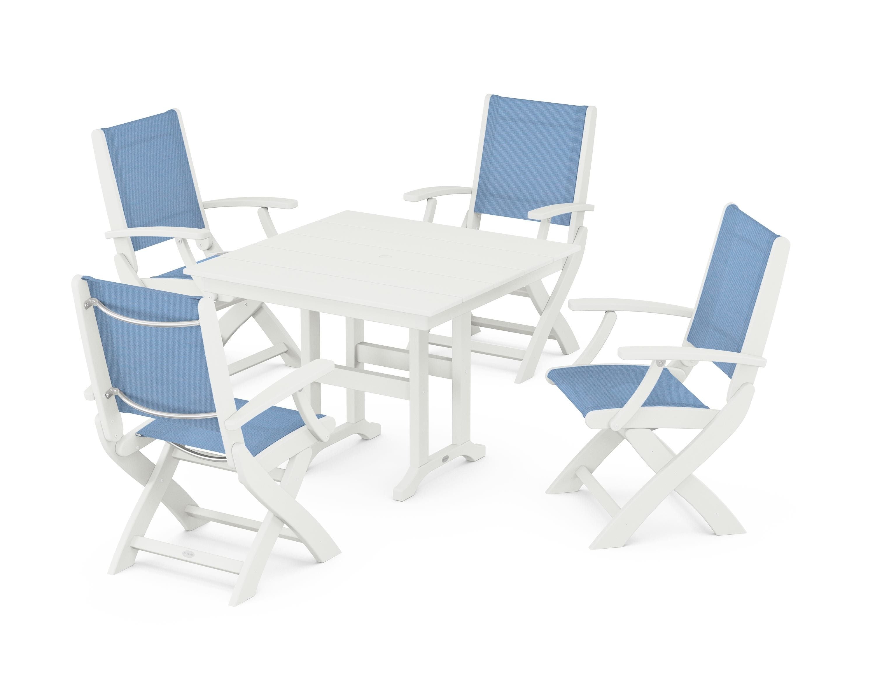 POLYWOOD Coastal Folding Chair 5-Piece Farmhouse Dining Set in Vintage White / Poolside Sling