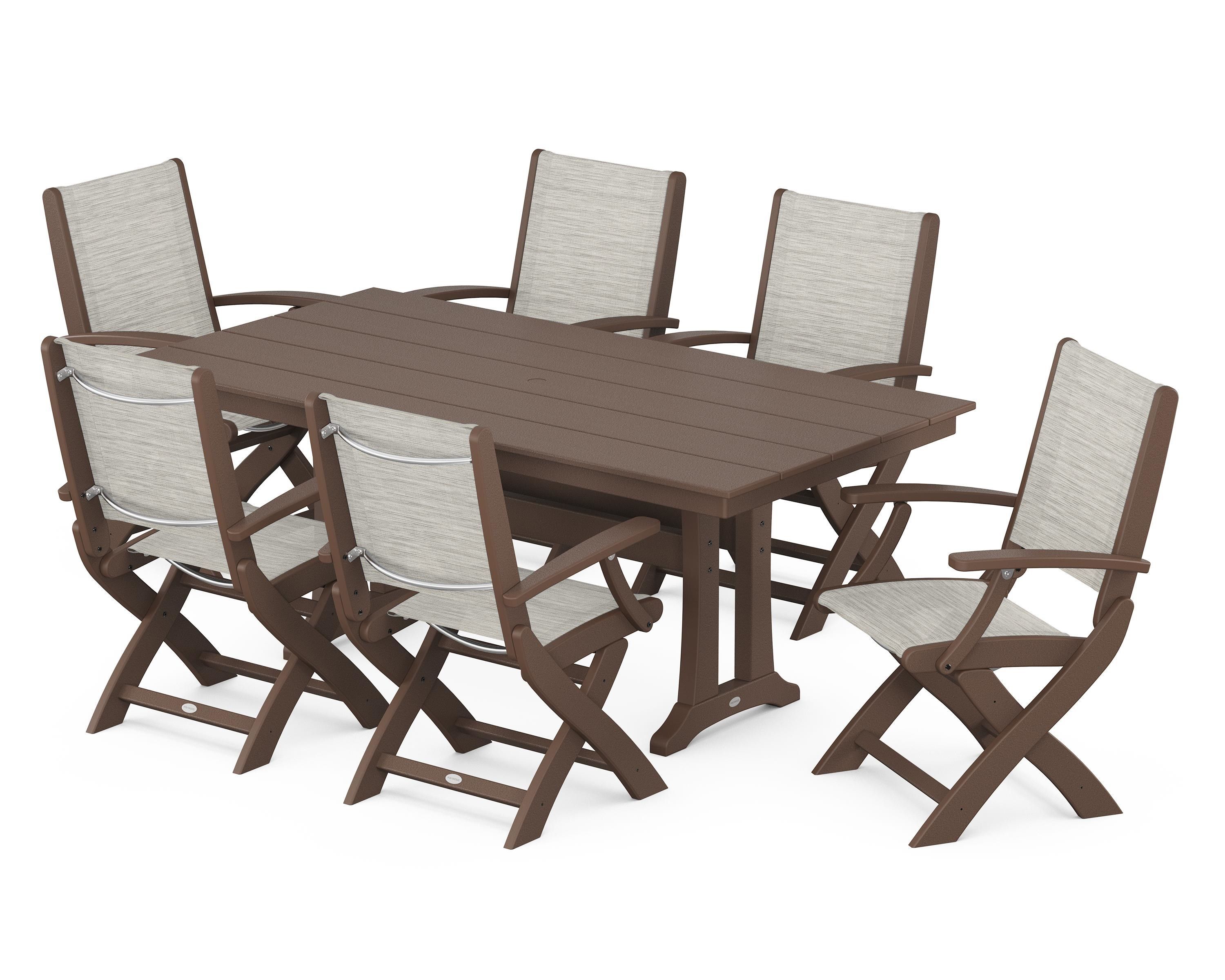 POLYWOOD Coastal Folding Arm Chair 7-Piece Farmhouse Dining Set with Trestle Legs in Mahogany / Birch Sling
