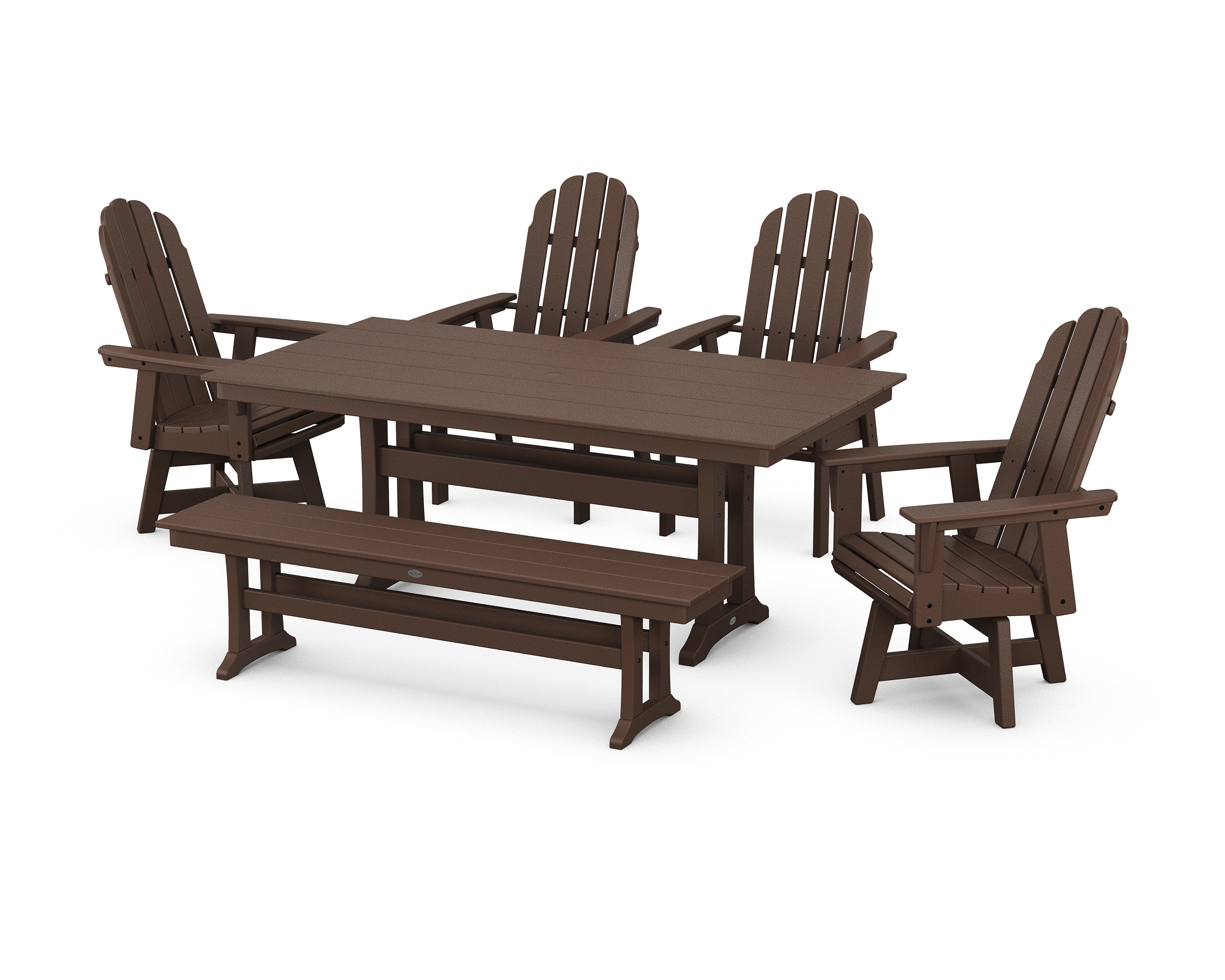POLYWOOD® Vineyard Curveback Adirondack 6-Piece Swivel Chair Farmhouse Dining Set with Trestle Legs and Bench in Mahogany