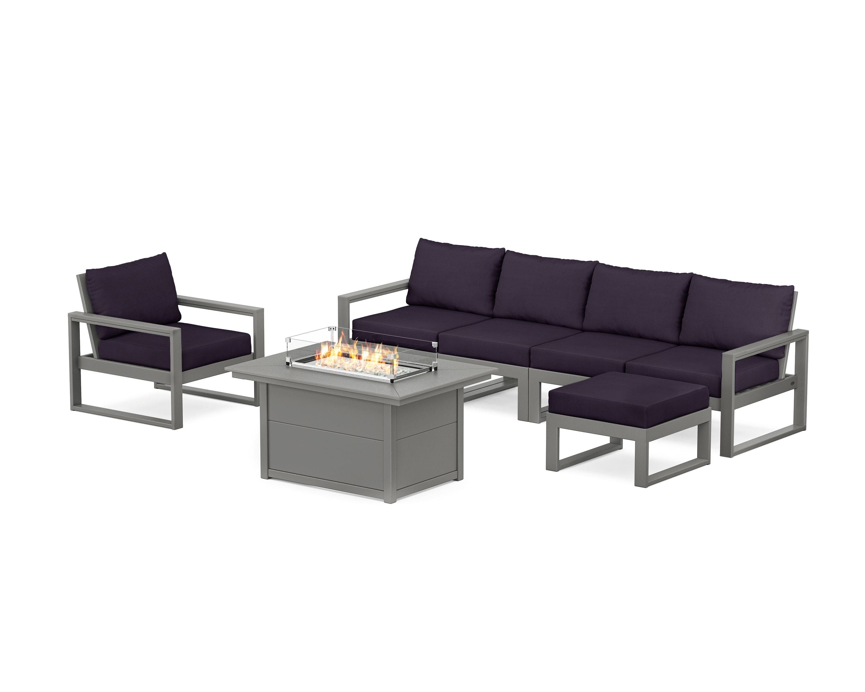 POLYWOOD EDGE Sectional Lounge and Fire Pit Set in Slate Grey / Navy Linen
