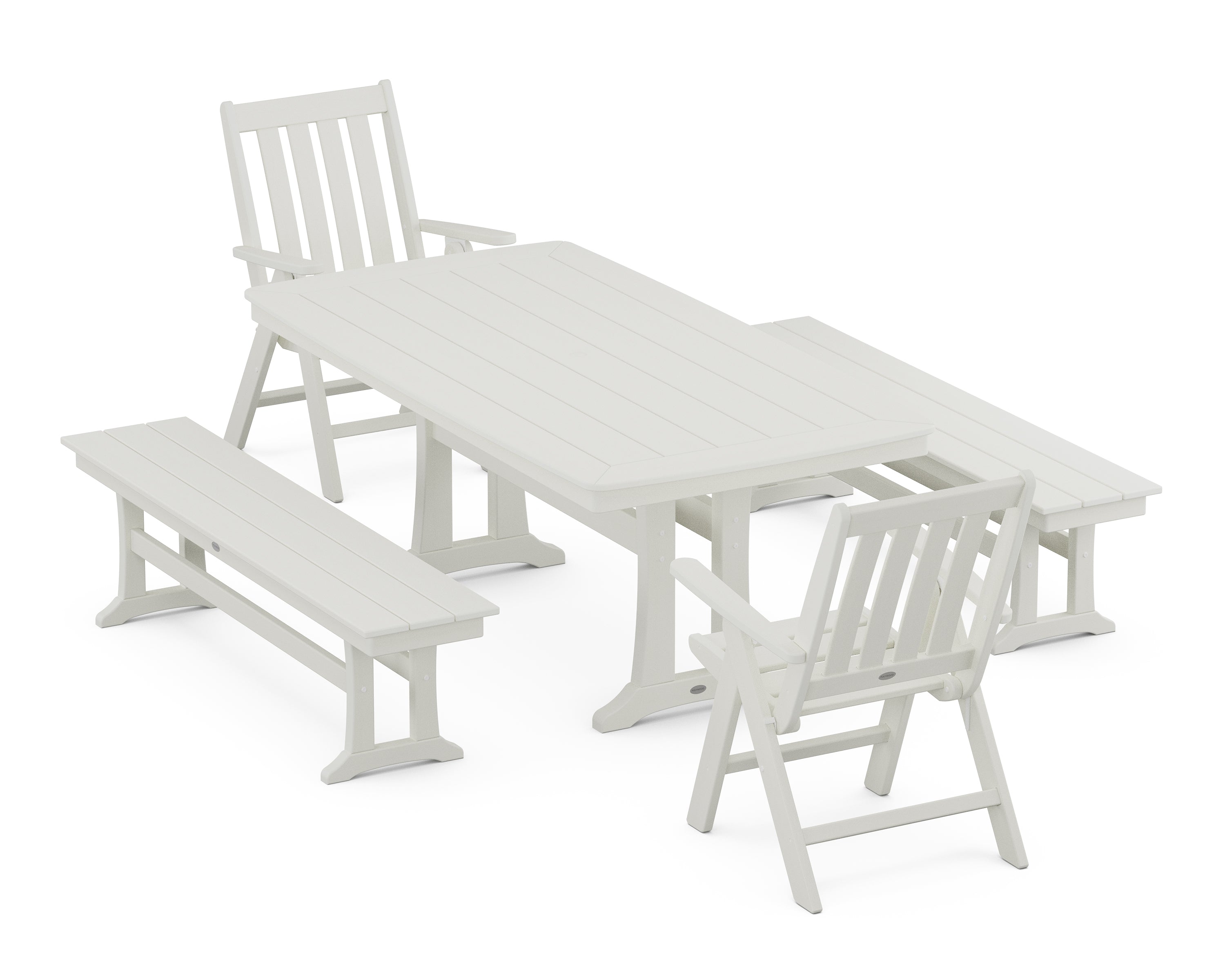 POLYWOOD Vineyard Folding Chair 5-Piece Dining Set with Trestle Legs and Benches in Vintage White