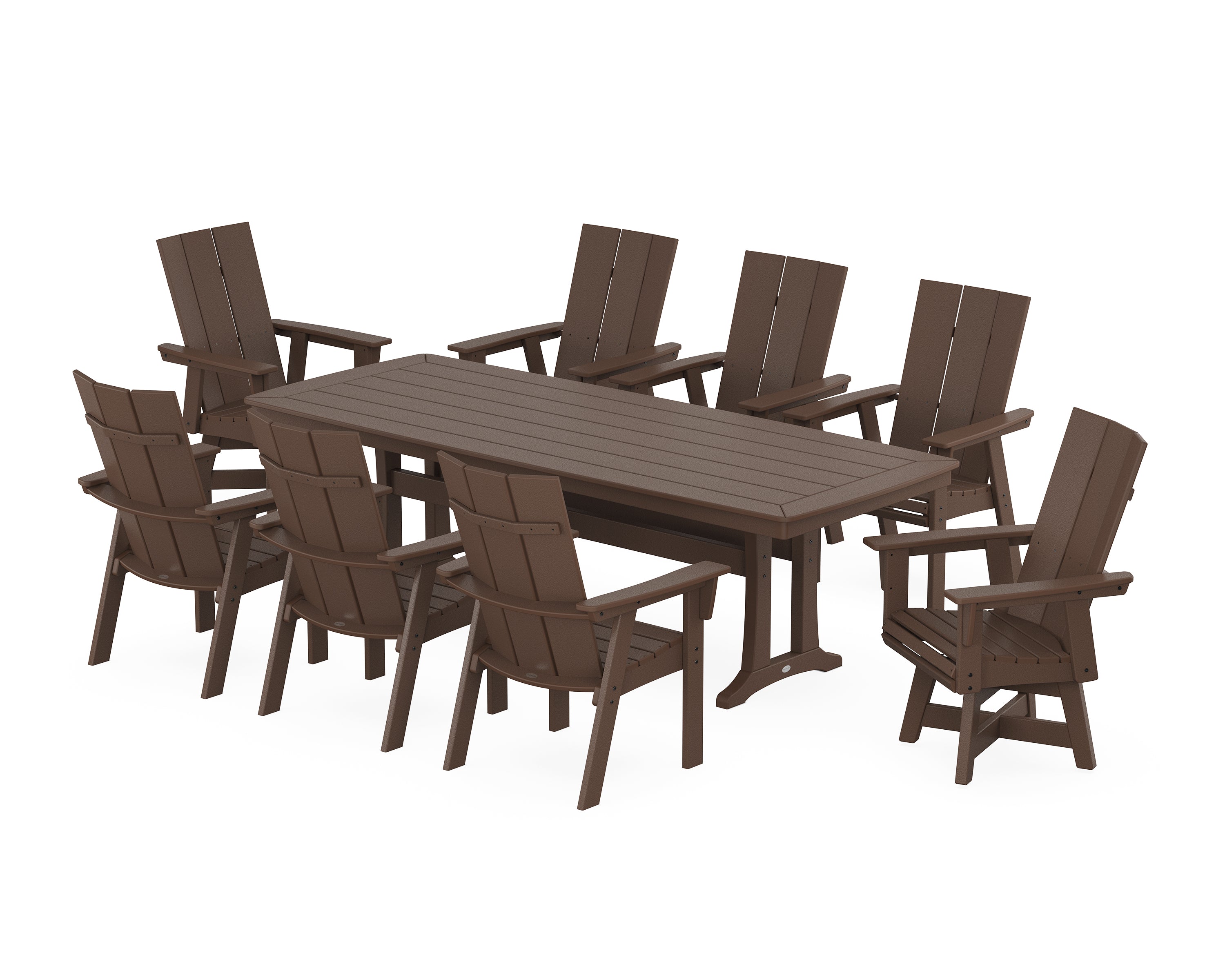 POLYWOOD® Modern Curveback Adirondack Swivel 9-Piece Dining Set with Trestle Legs in Mahogany