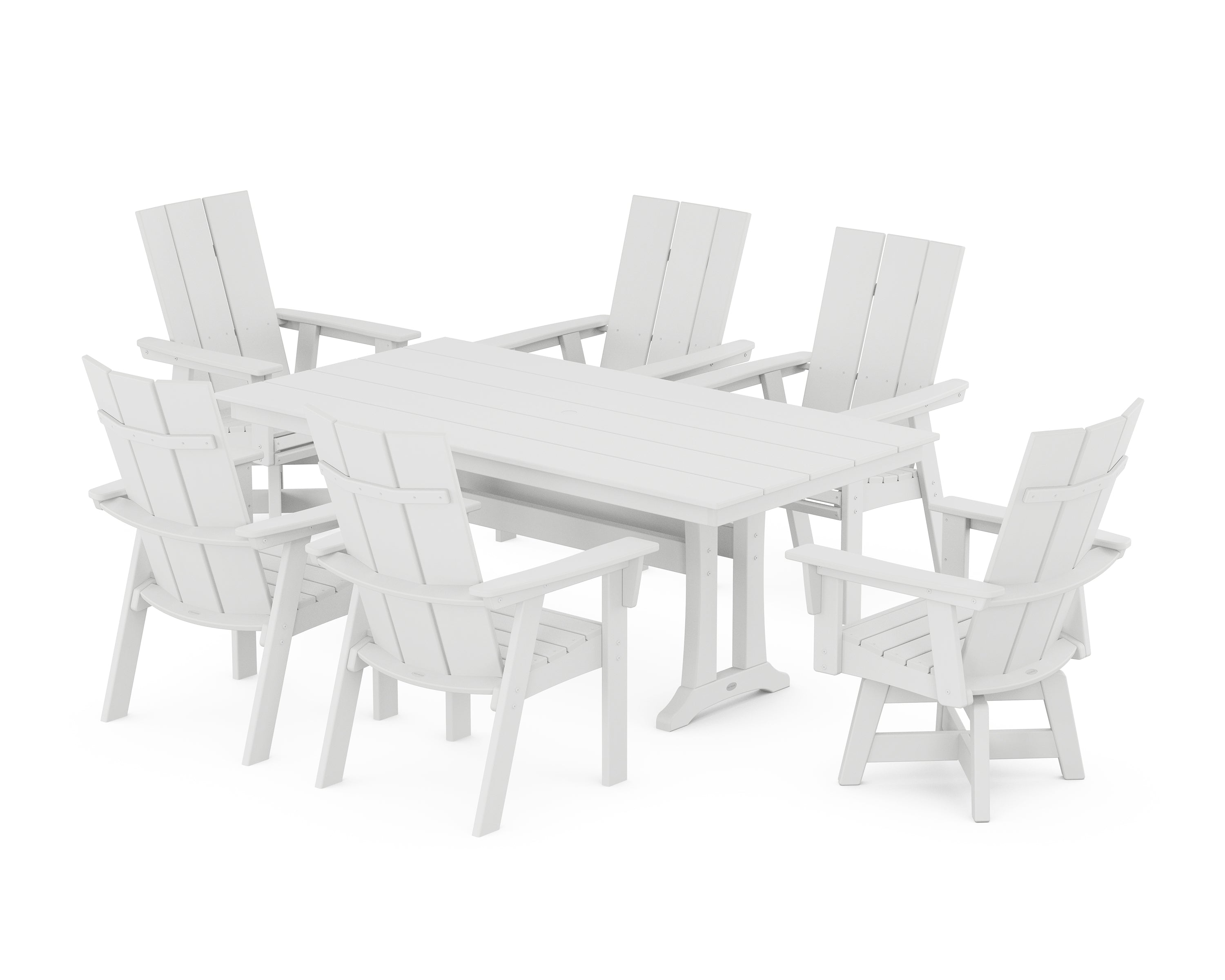 POLYWOOD® Modern Curveback Adirondack Swivel Chair 7-Piece Farmhouse Dining Set With Trestle Legs in White