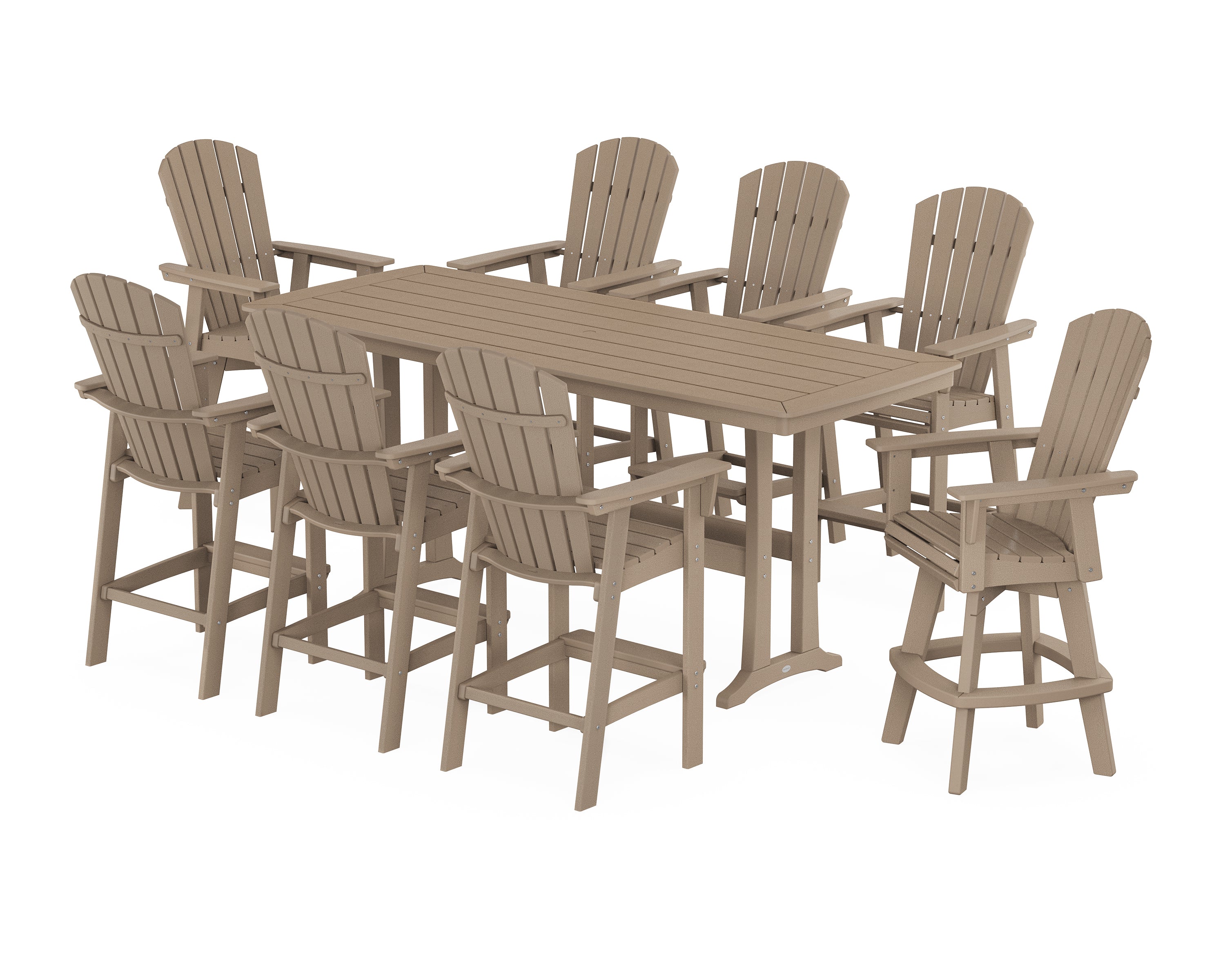 POLYWOOD® Nautical Curveback Adirondack Swivel 9-Piece Bar Set with Trestle Legs in Vintage Sahara