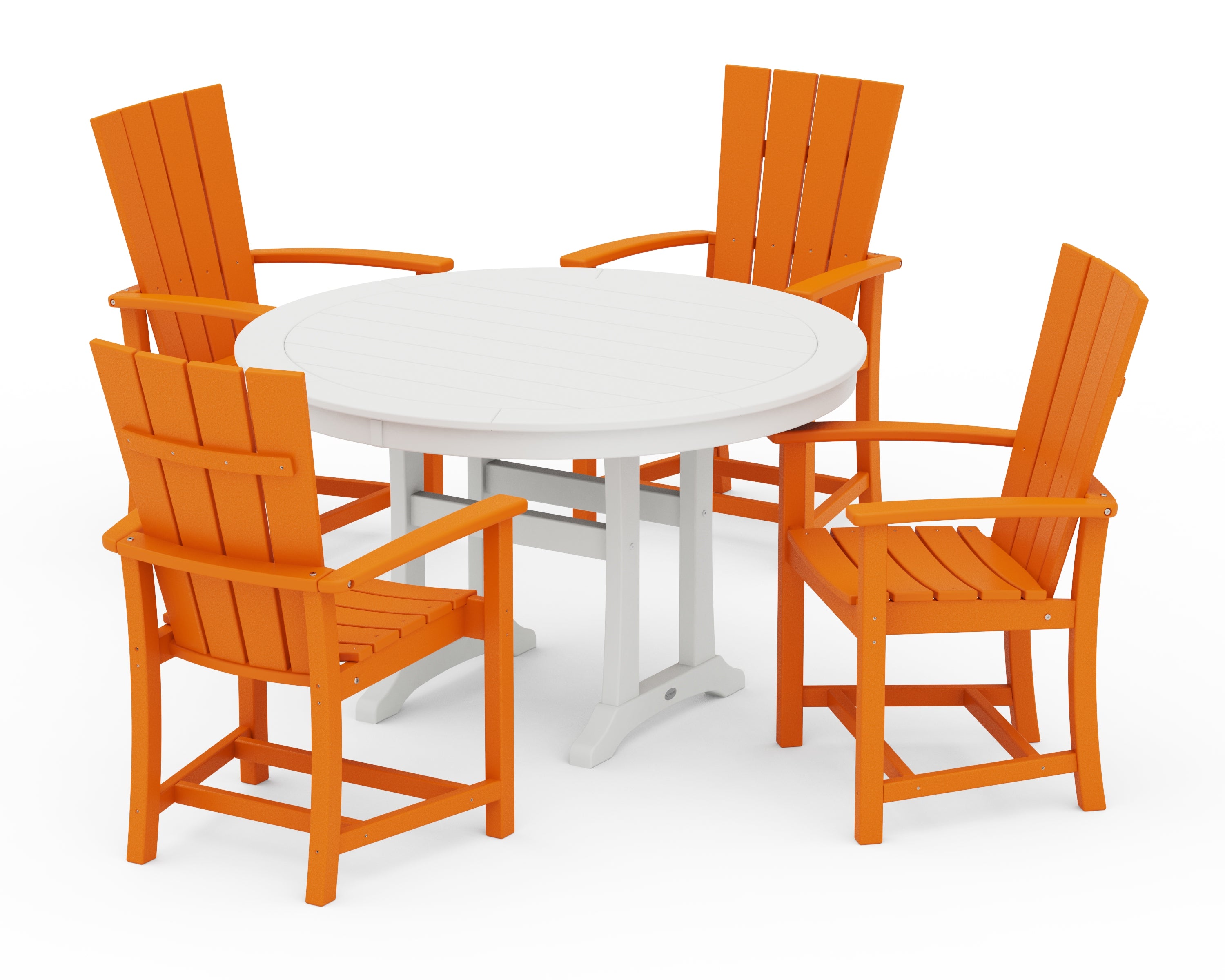 POLYWOOD Quattro 5-Piece Round Dining Set with Trestle Legs in Tangerine / White