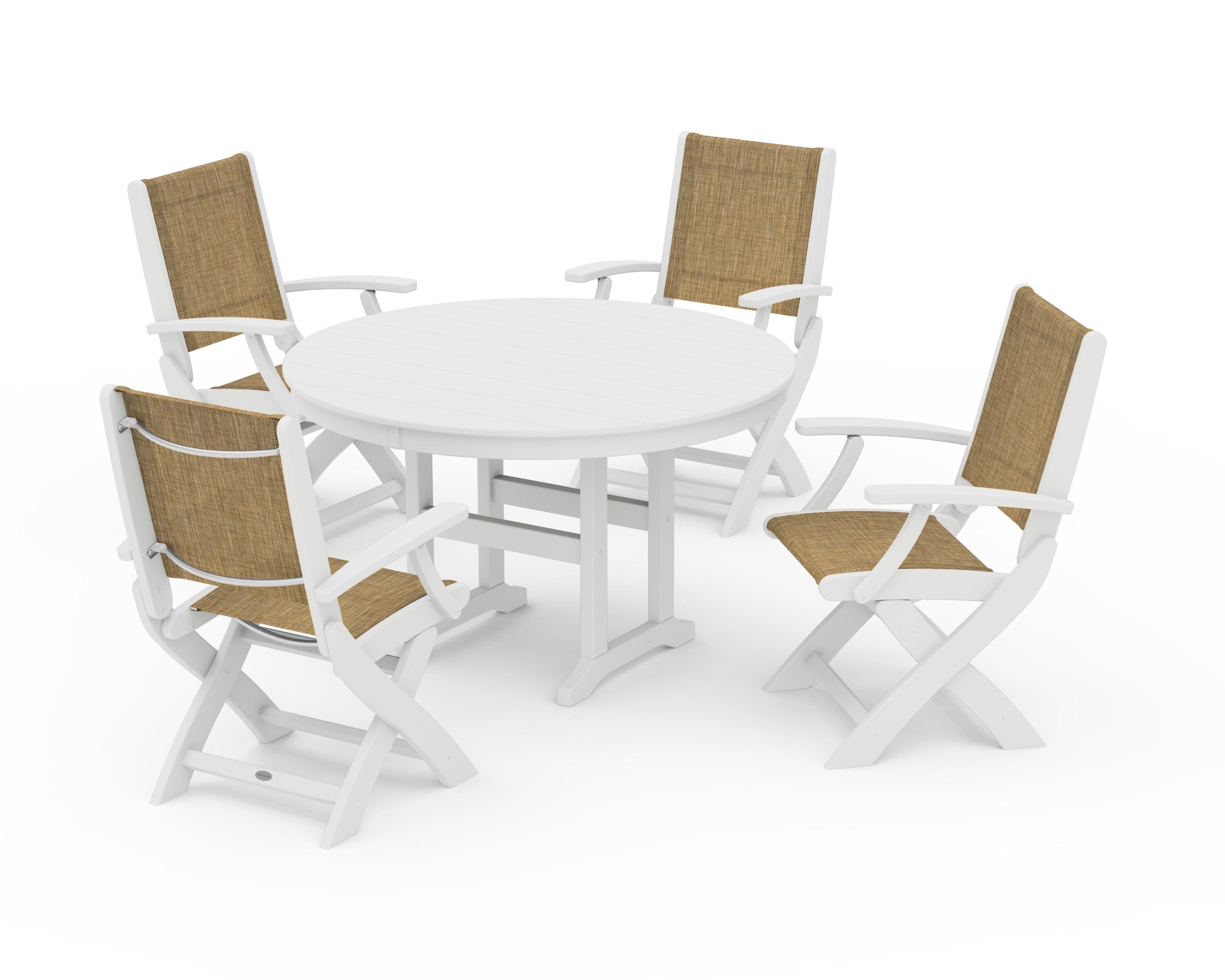 POLYWOOD Coastal Folding Chair 5-Piece Round Dining Set in White / Burlap Sling