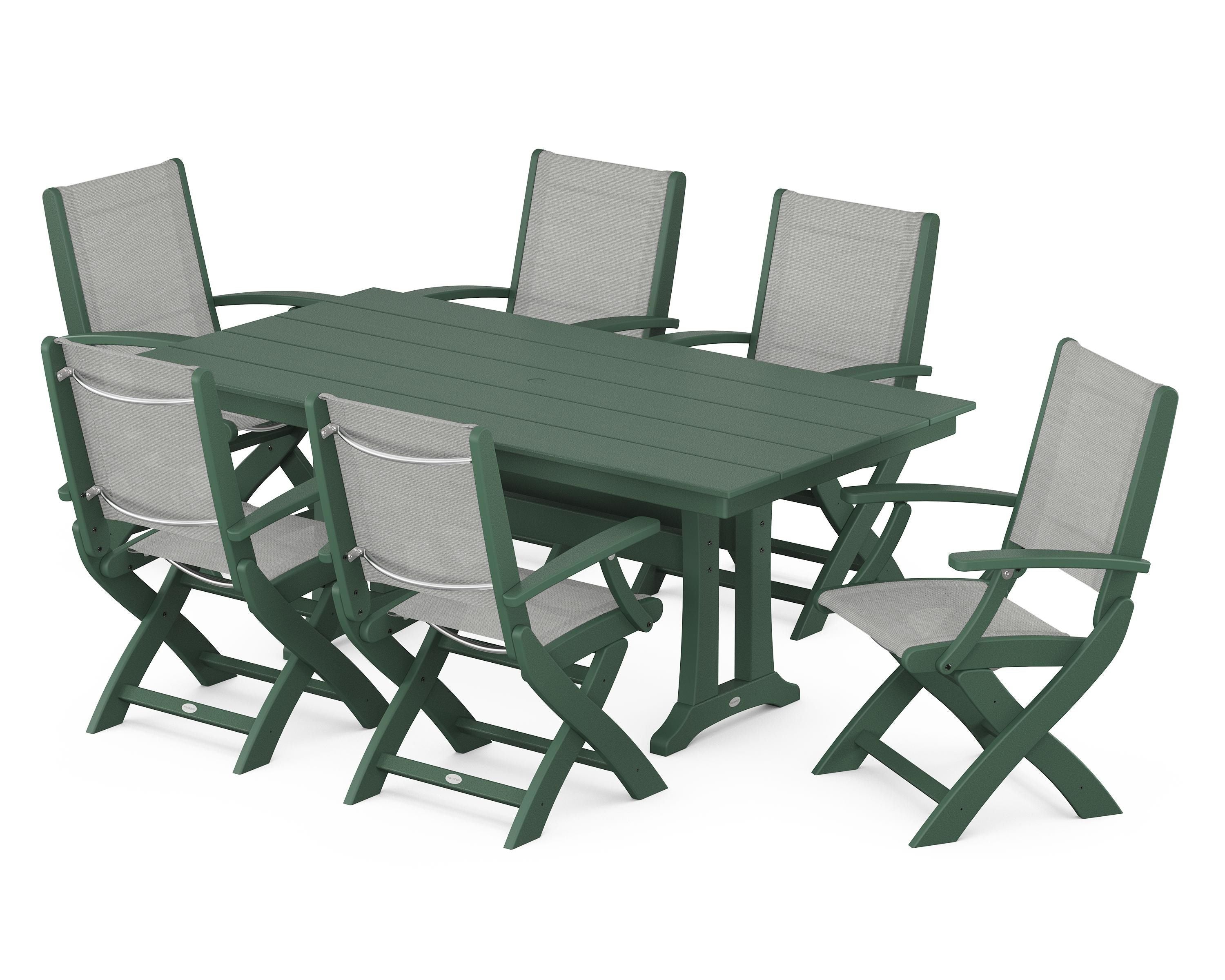 POLYWOOD Coastal Folding Arm Chair 7-Piece Farmhouse Dining Set with Trestle Legs in Green / Metallic Sling