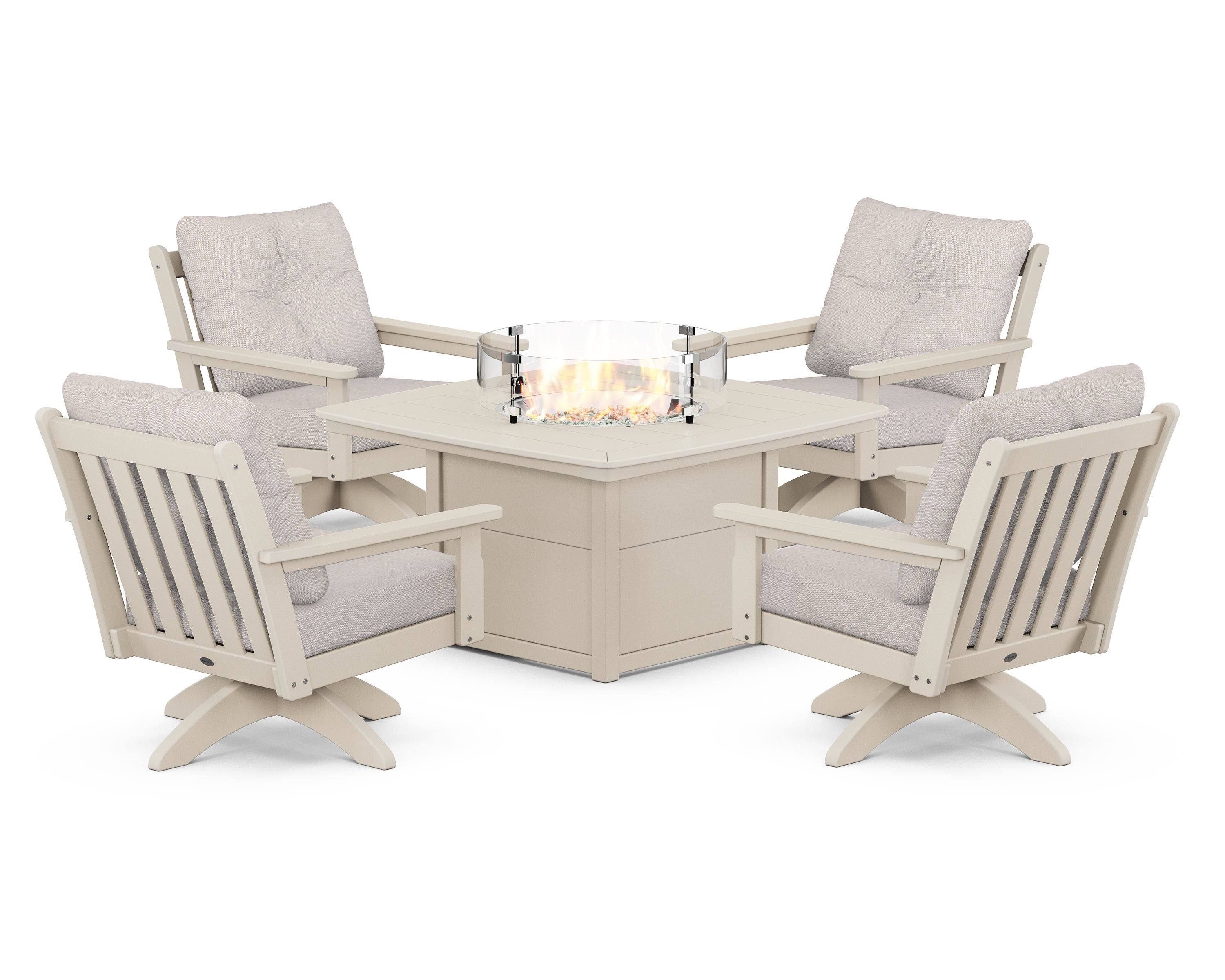 POLYWOOD Vineyard 5-Piece Deep Seating Swivel Conversation Set with Fire Pit Table in Sand / Dune Burlap