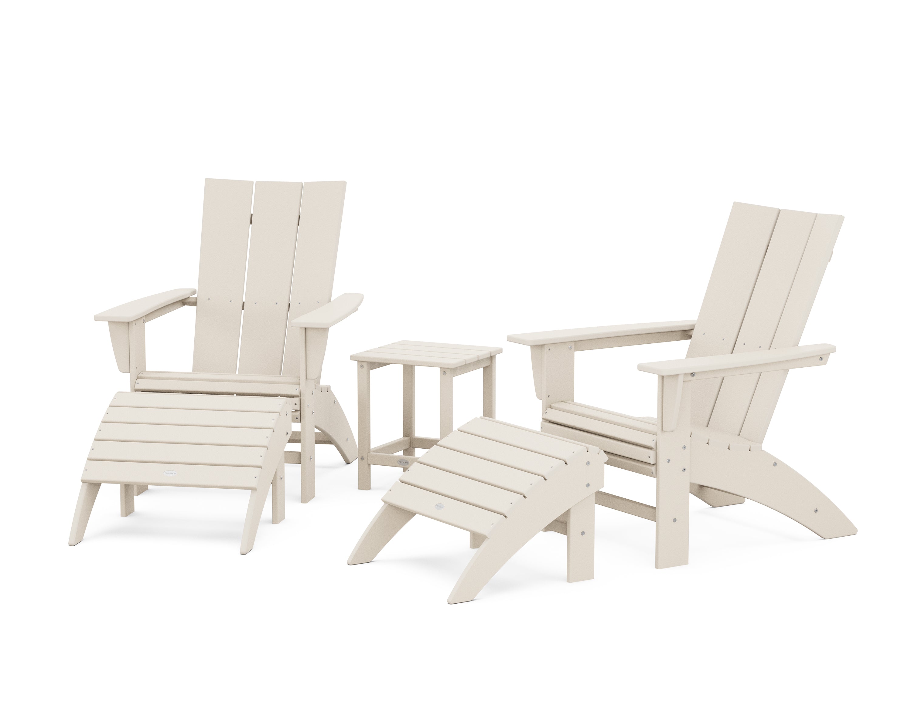POLYWOOD® Modern Curveback Adirondack Chair 5-Piece Set with Ottomans and 18" Side Table in Sand