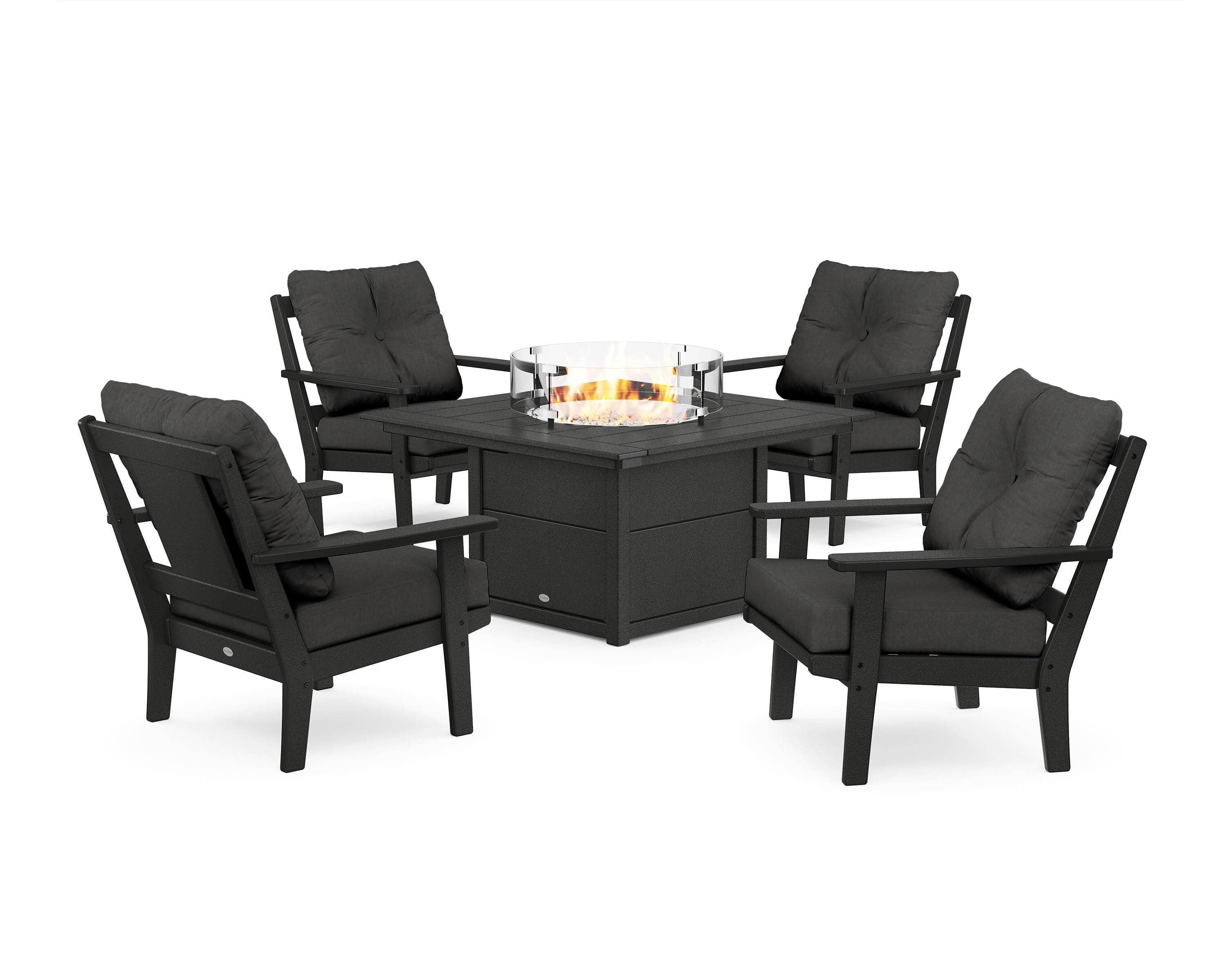 POLYWOOD Prairie 5-Piece Deep Seating Set with Fire Pit Table in Black / Spectrum Carbon