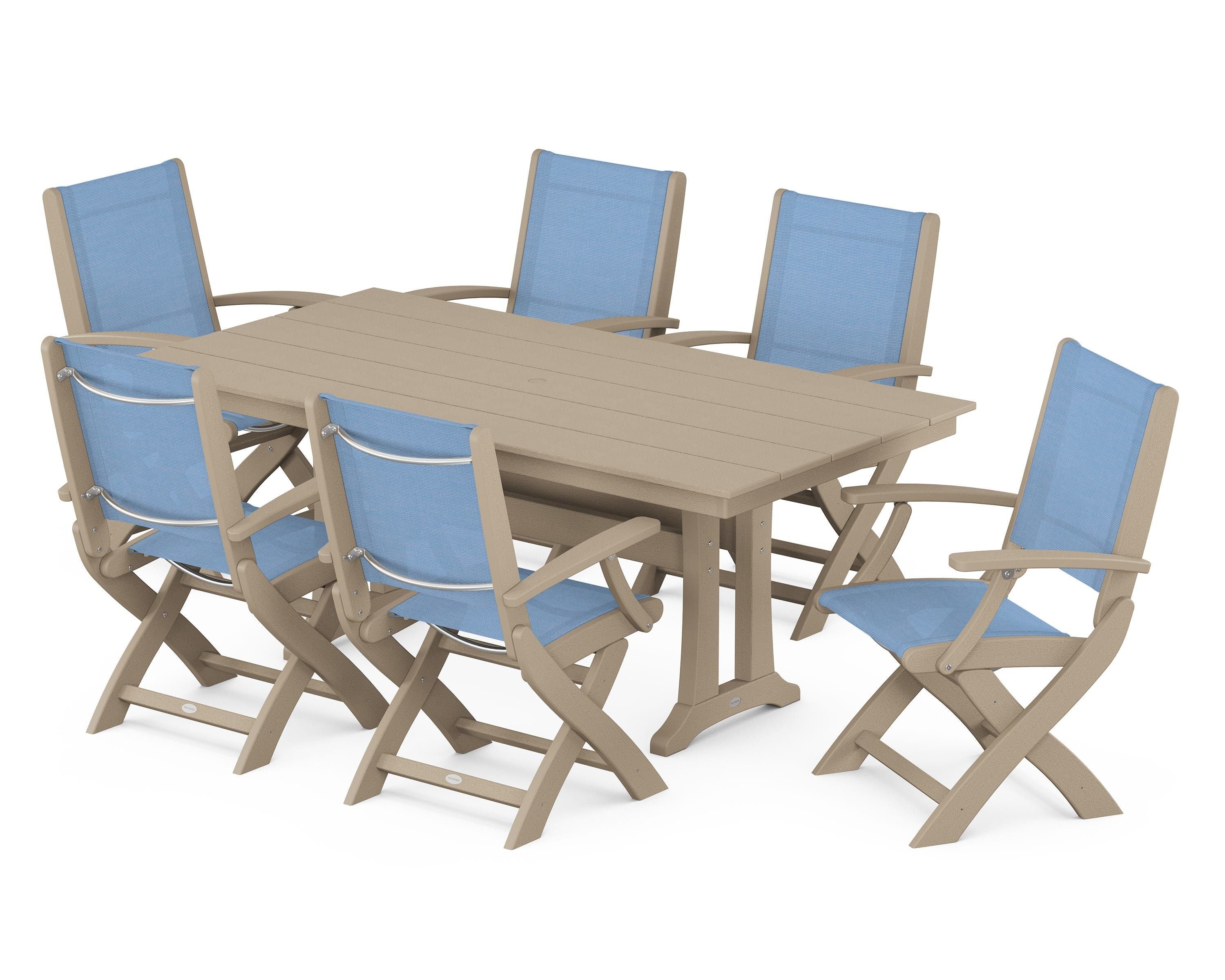 POLYWOOD Coastal Folding Arm Chair 7-Piece Farmhouse Dining Set with Trestle Legs in Vintage Sahara / Poolside Sling