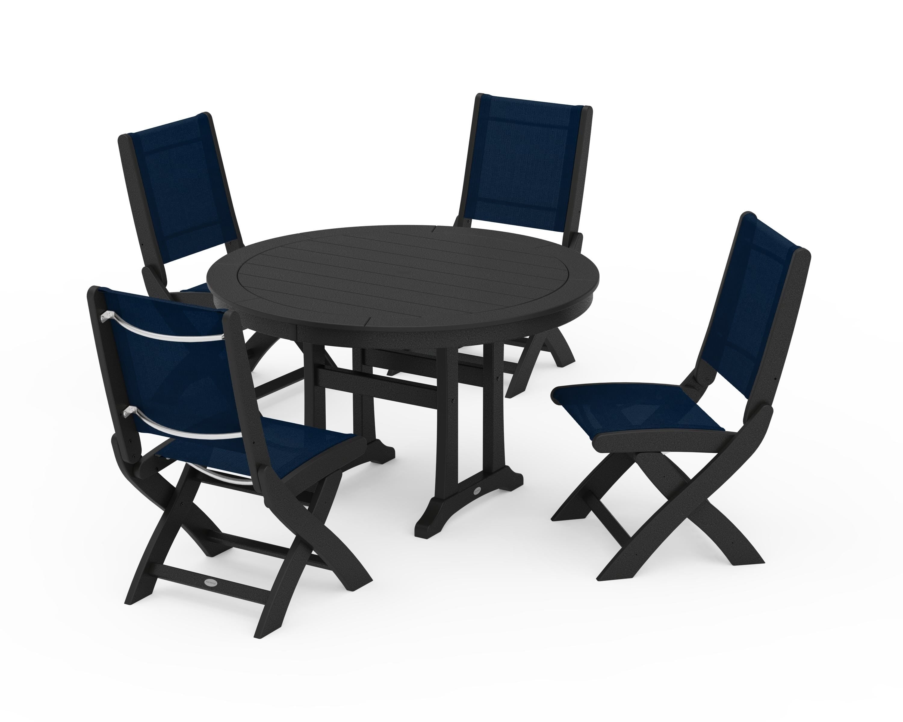 POLYWOOD Coastal Folding Side Chair 5-Piece Round Dining Set With Trestle Legs in Black / Navy Blue Sling