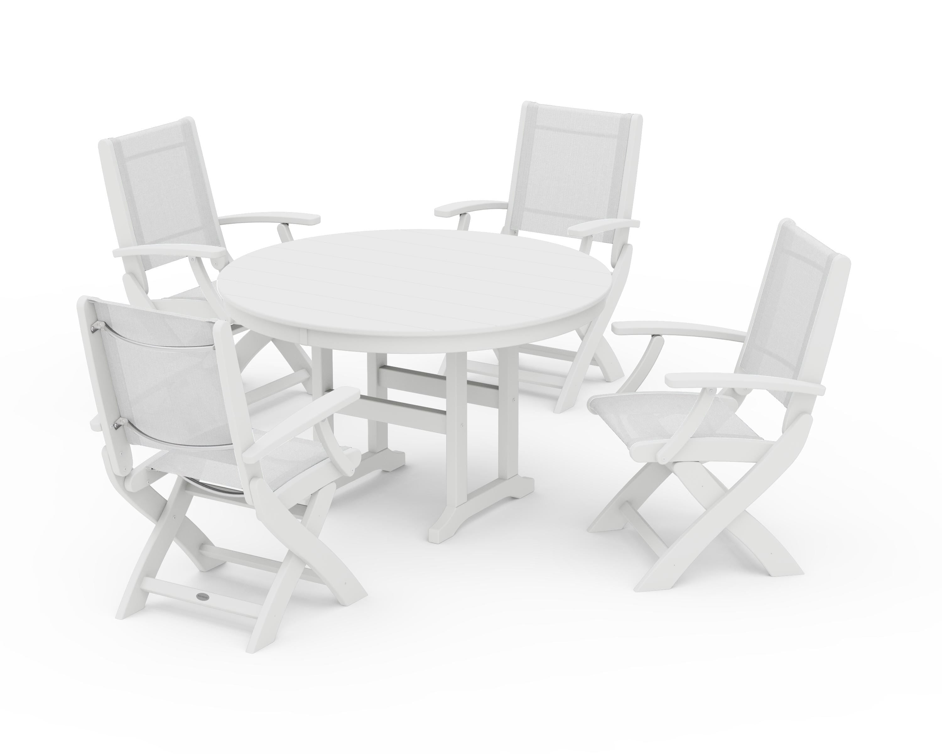 POLYWOOD Coastal Folding Chair 5-Piece Round Dining Set in White / White Sling