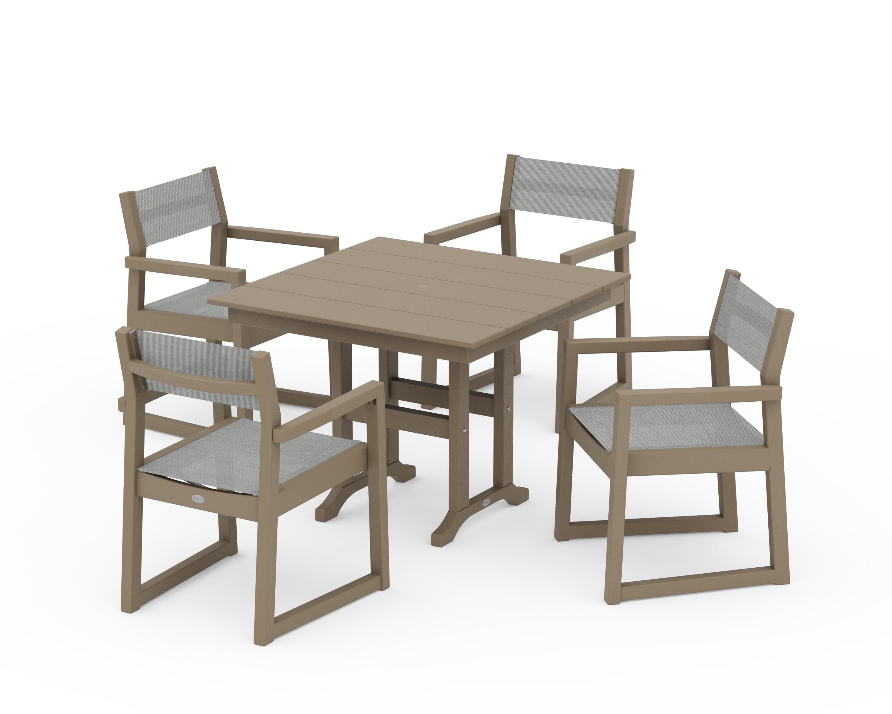 POLYWOOD EDGE Sling Arm Chair 5-Piece Farmhouse Dining Set in Vintage Sahara / Metallic Sling