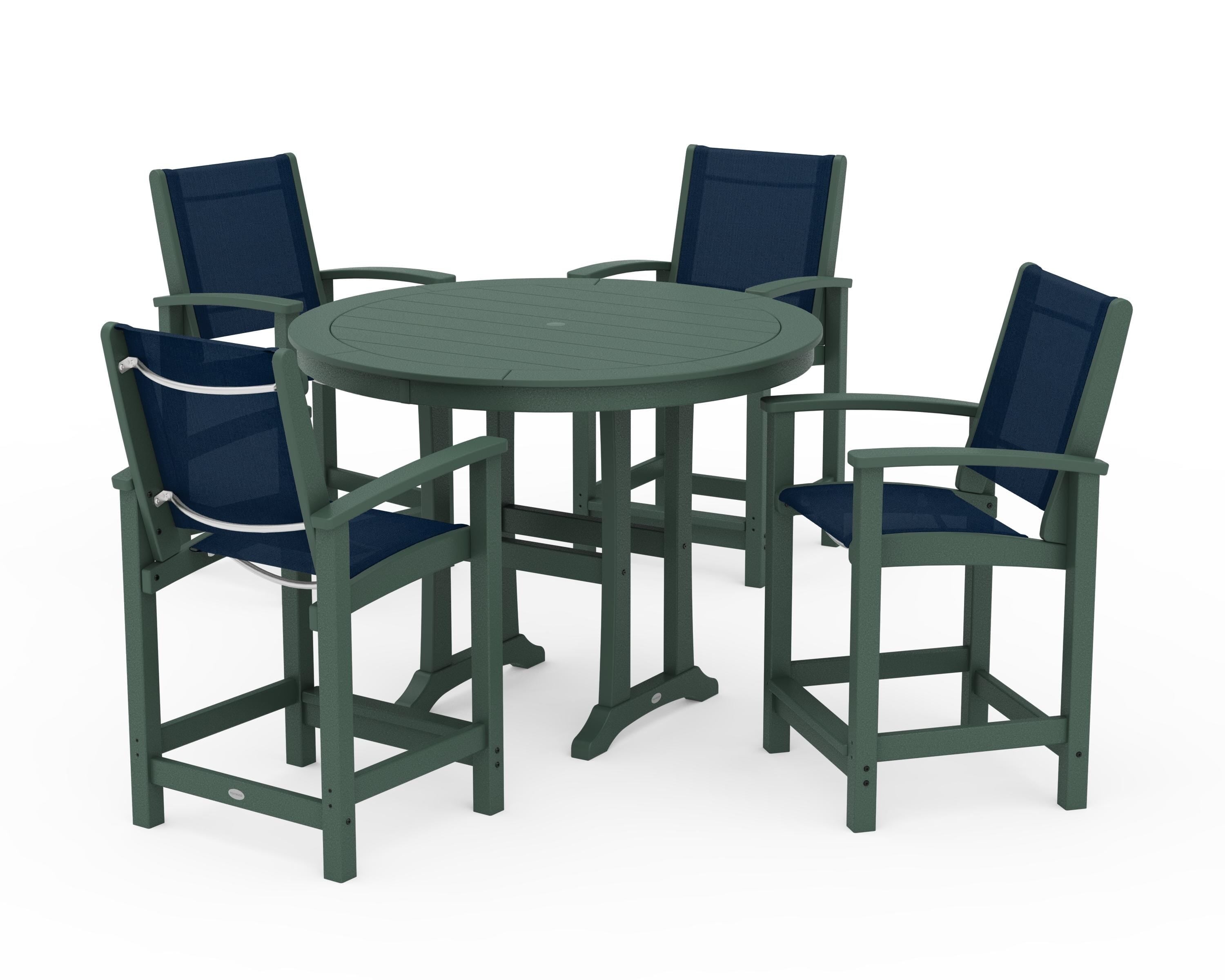 POLYWOOD Coastal 5-Piece Counter Set in Green / Navy Blue Sling