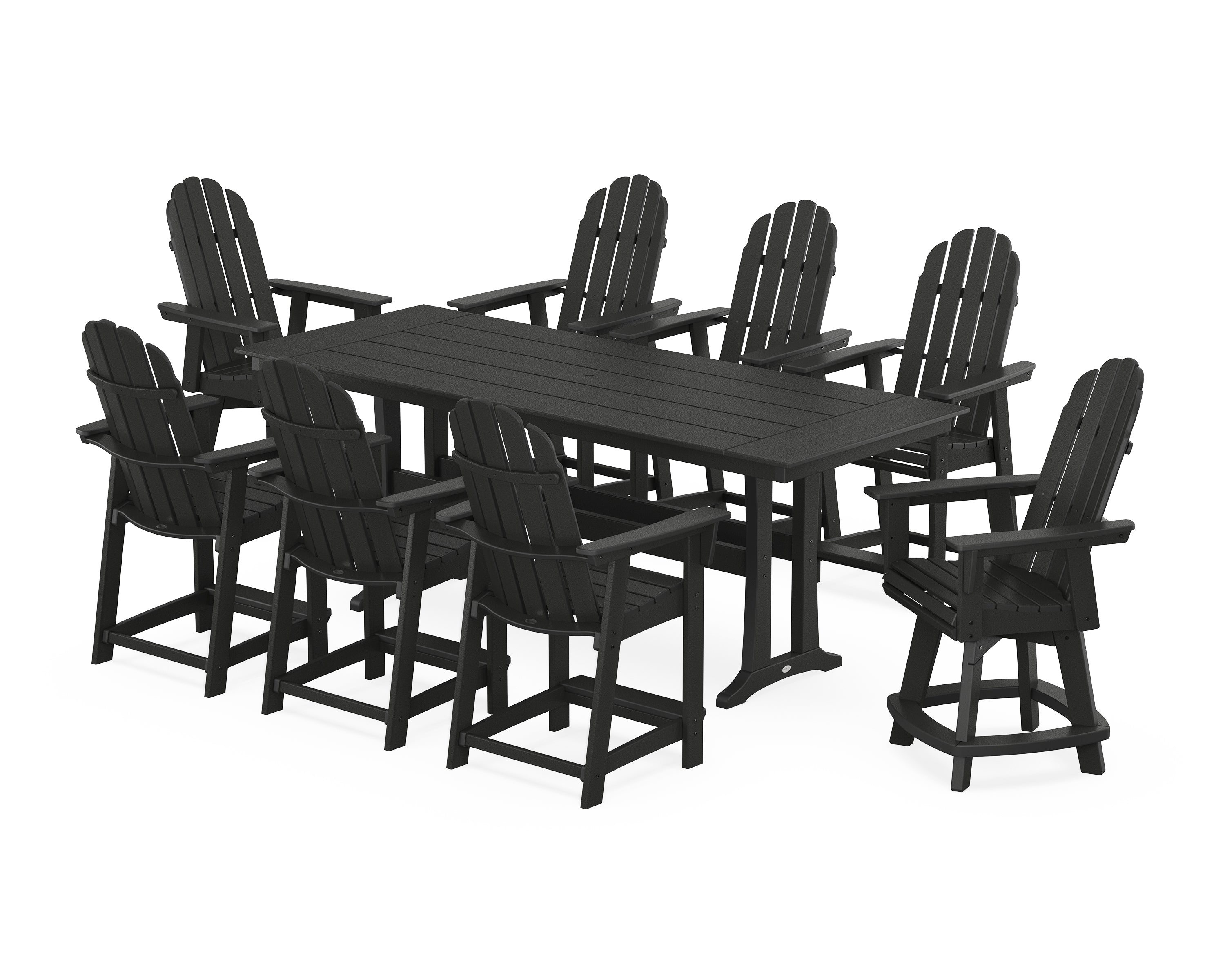 POLYWOOD® Vineyard Curveback Adirondack Swivel 9-Piece Farmhouse Counter Set with Trestle Legs in Black