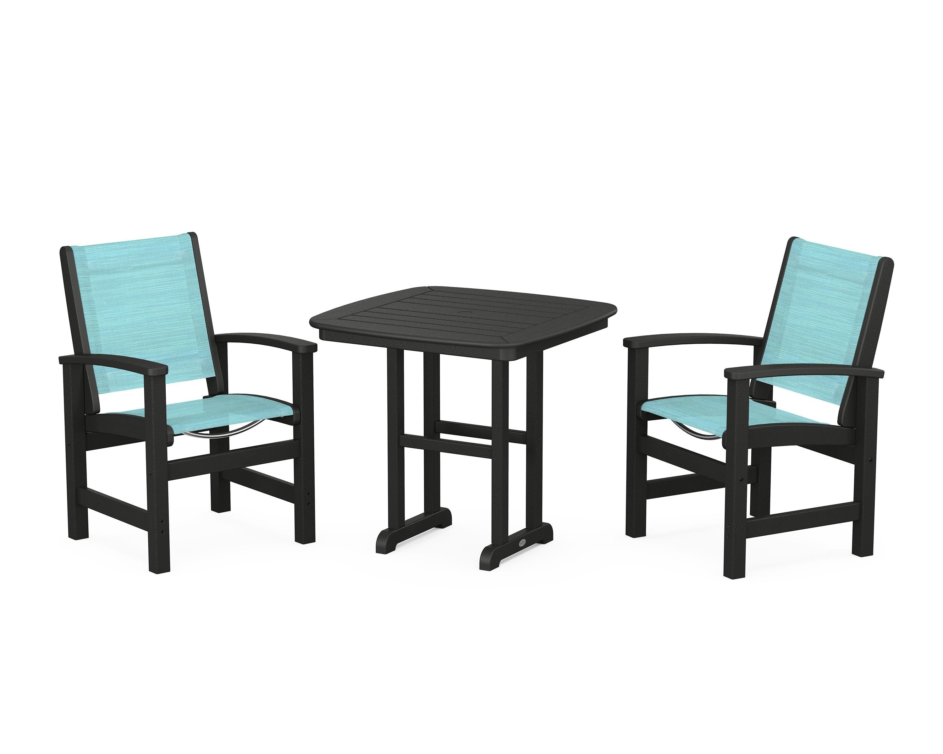 POLYWOOD Coastal 3-Piece Dining Set in Black / Dupioni Aquamarine Sling