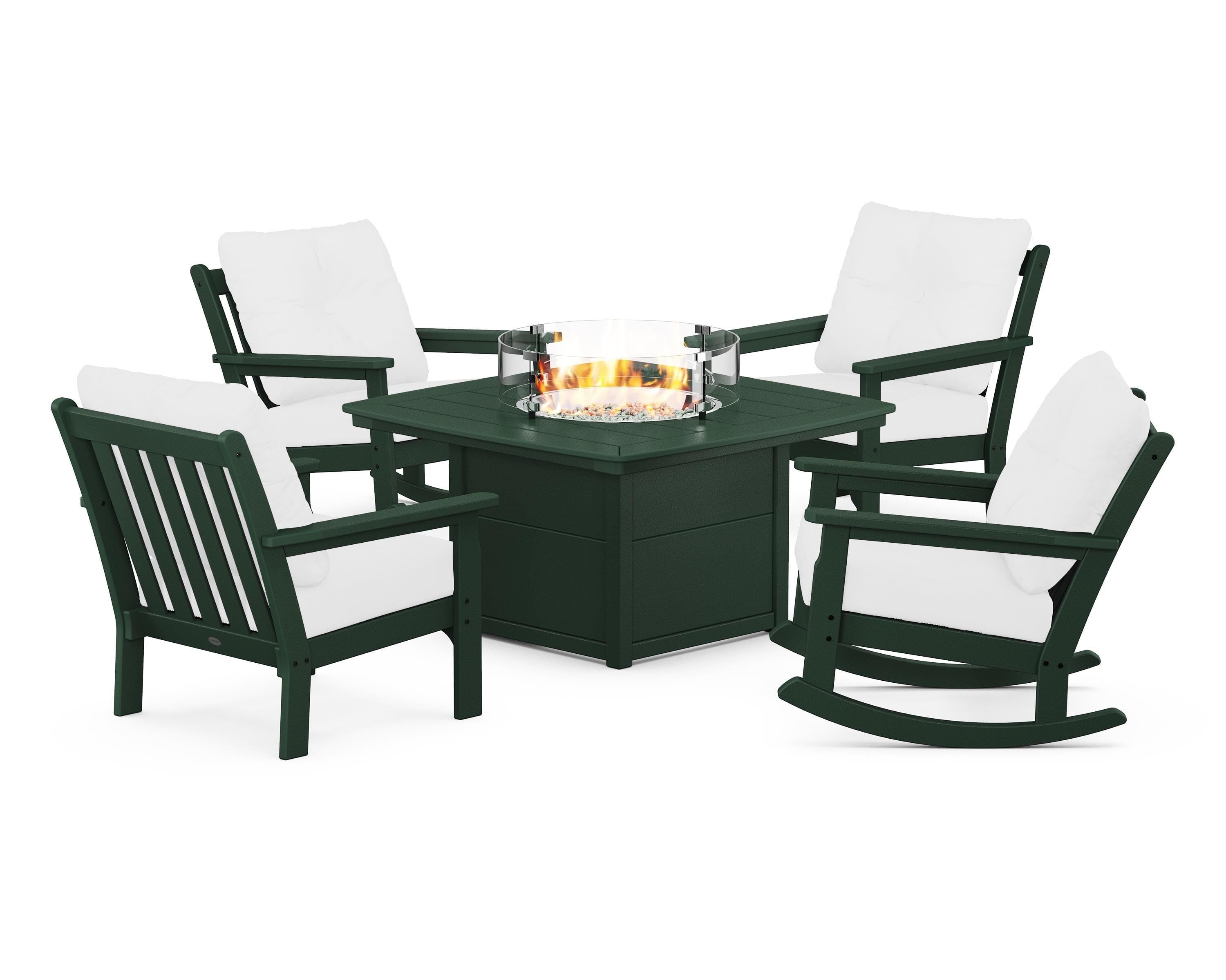 POLYWOOD Vineyard 5-Piece Deep Seating Rocking Chair Conversation Set with Fire Pit Table in Green / Natural