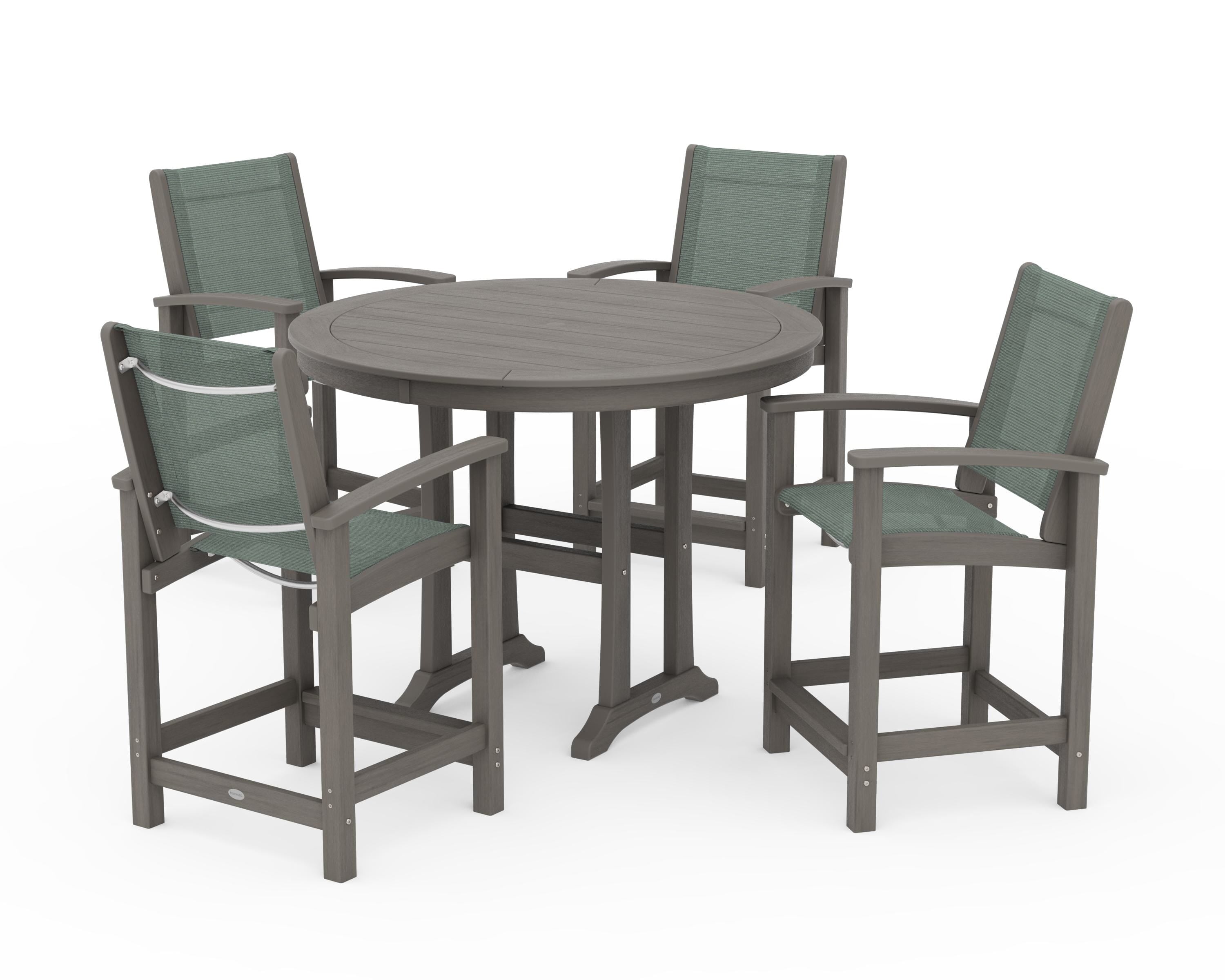 POLYWOOD Coastal 5-Piece Counter Set in Driftwood / Dupioni Sea Mist Sling