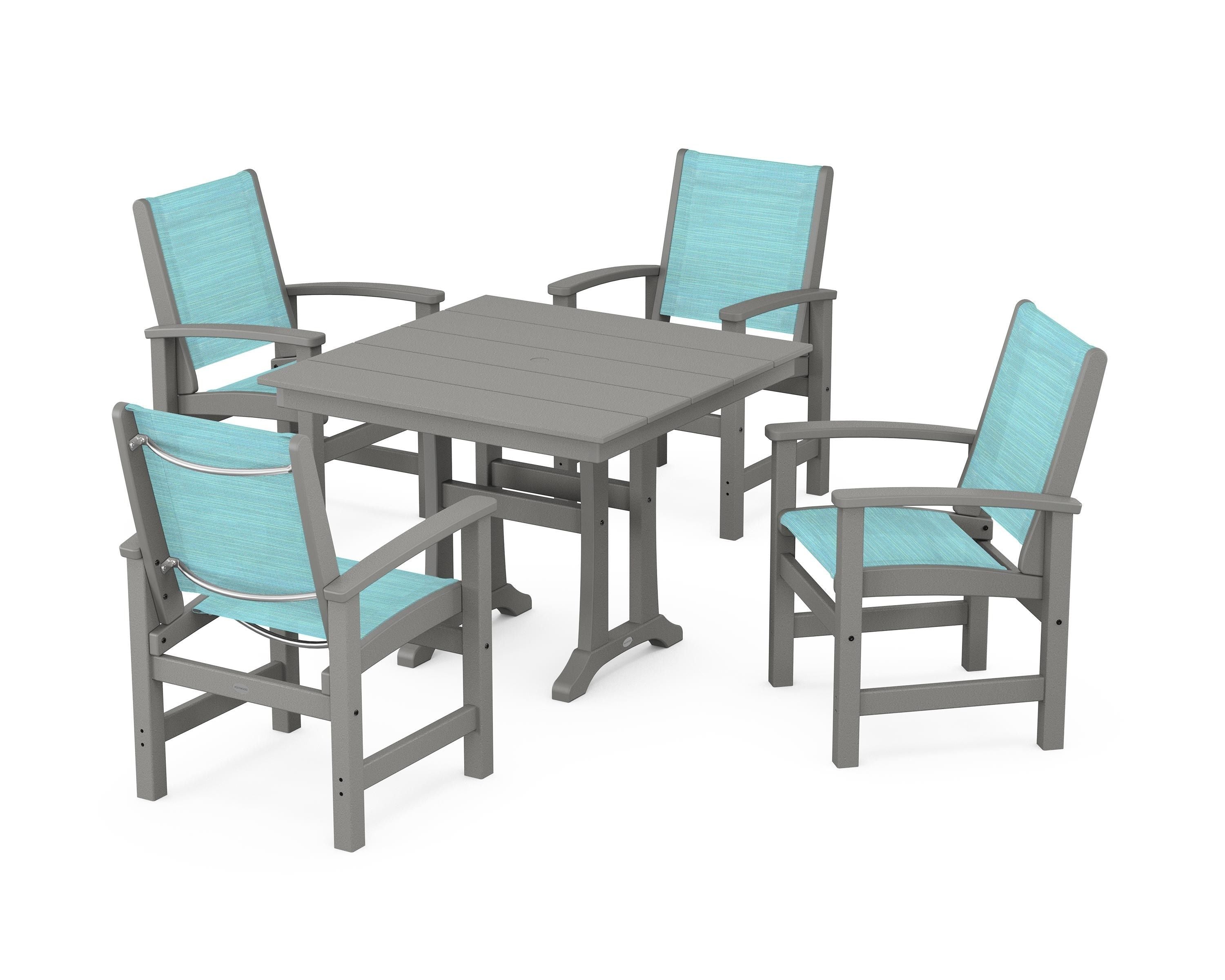POLYWOOD Coastal 5-Piece Farmhouse Dining Set With Trestle Legs in Slate Grey / Dupioni Aquamarine Sling