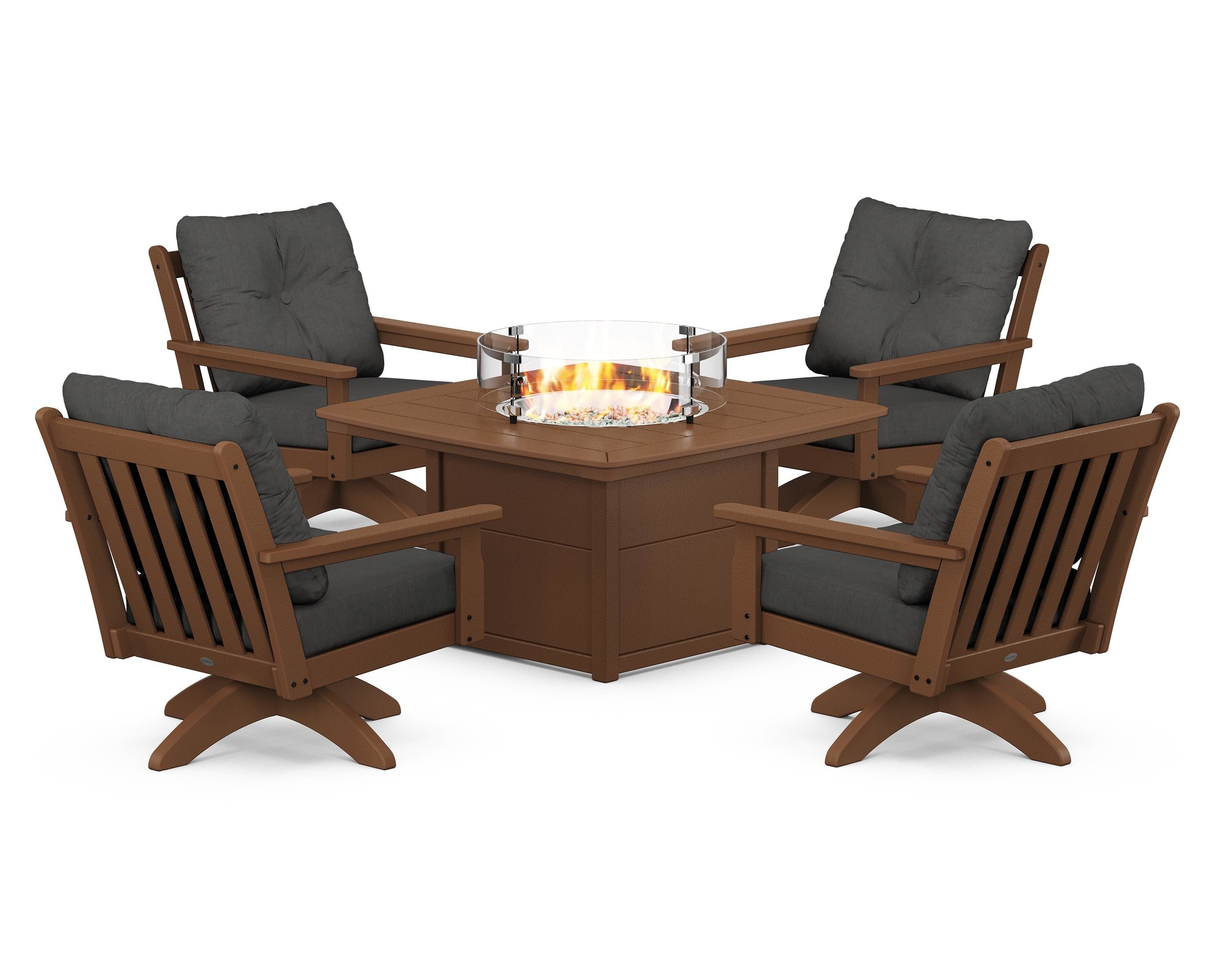 POLYWOOD Vineyard 5-Piece Deep Seating Swivel Conversation Set with Fire Pit Table in Teak / Spectrum Carbon
