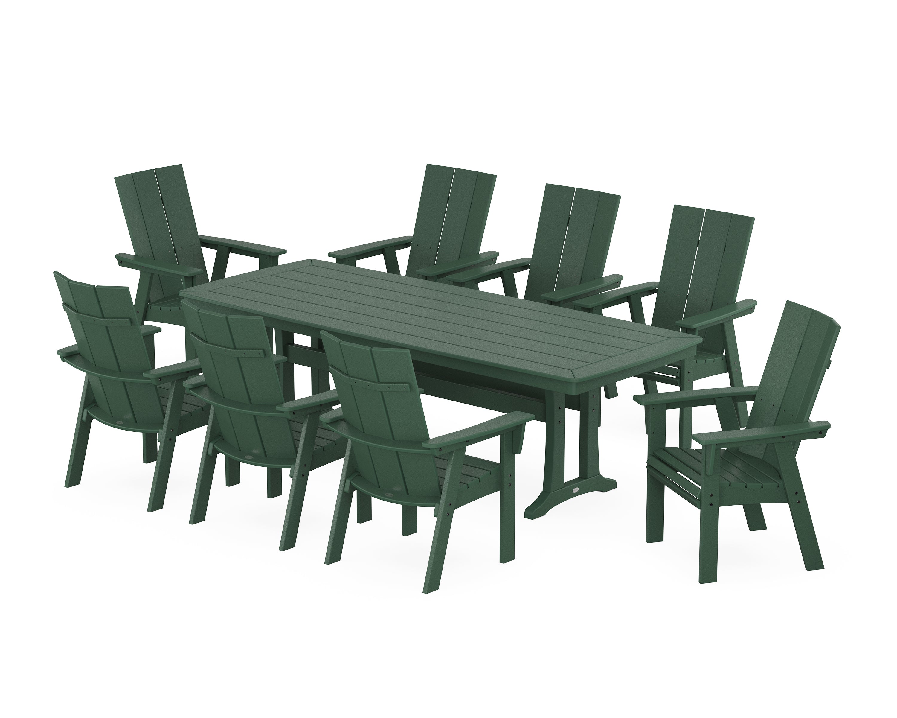 POLYWOOD® Modern Curveback Adirondack 9-Piece Dining Set with Trestle Legs in Green
