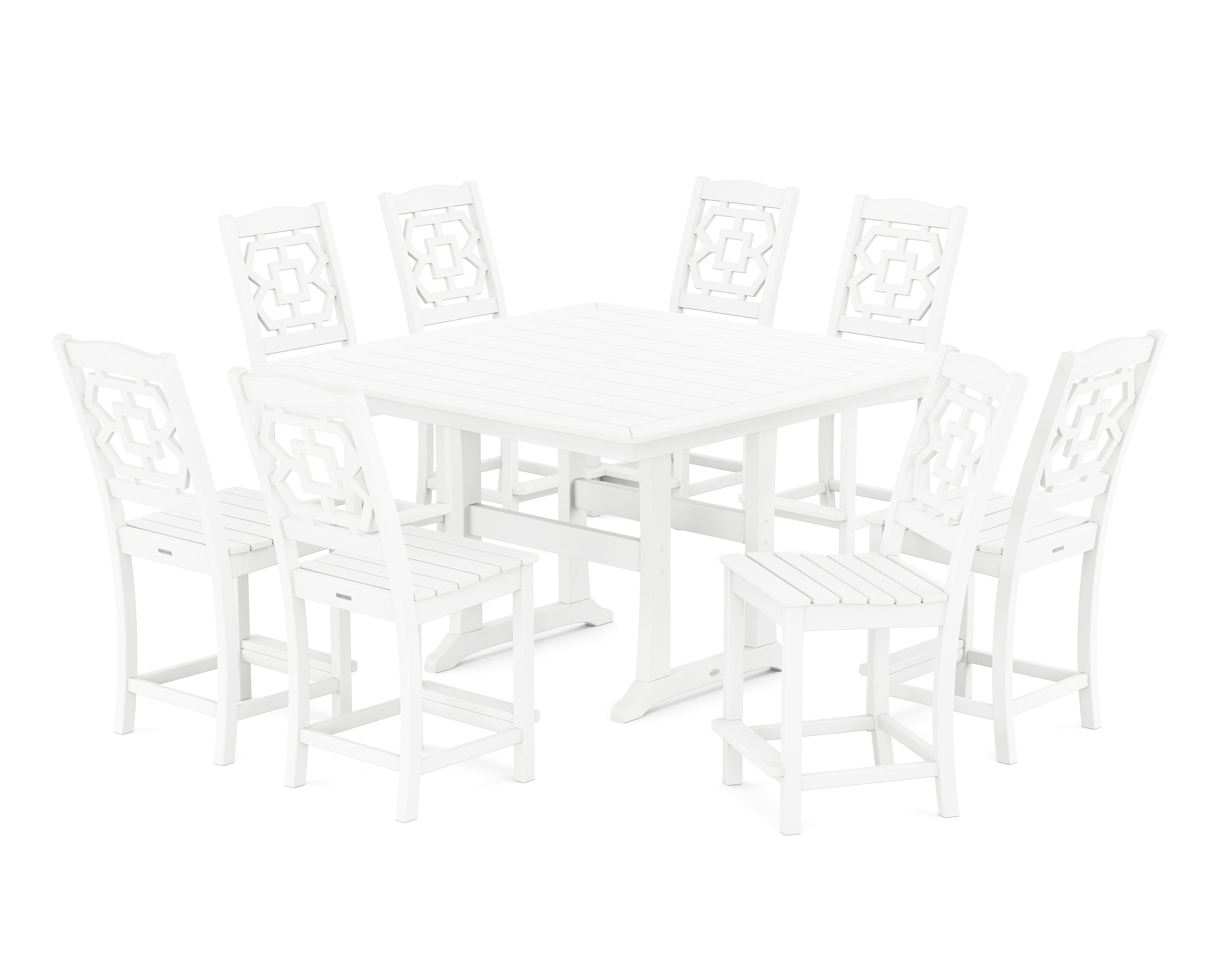 Martha Stewart by POLYWOOD® Chinoiserie 9-Piece Square Side Chair Counter Set with Trestle Legs in White