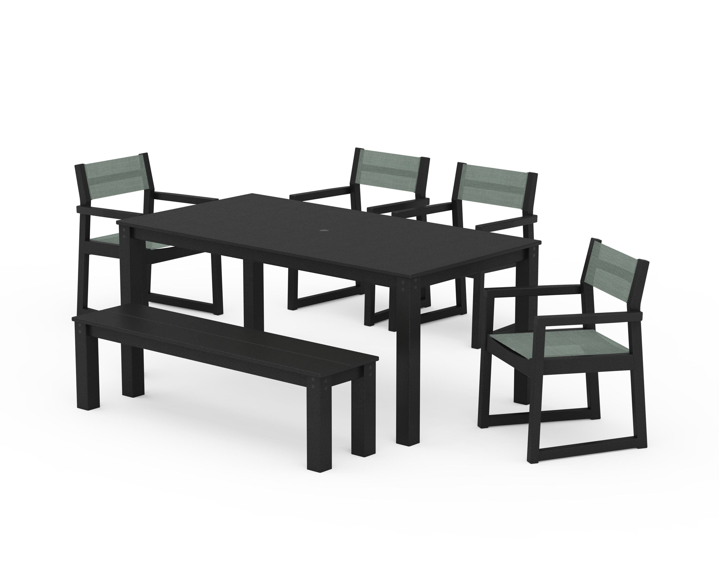 POLYWOOD EDGE Sling Arm Chair 6-Piece Parsons Dining Set with Bench in Black / Dupioni Sea Mist Sling