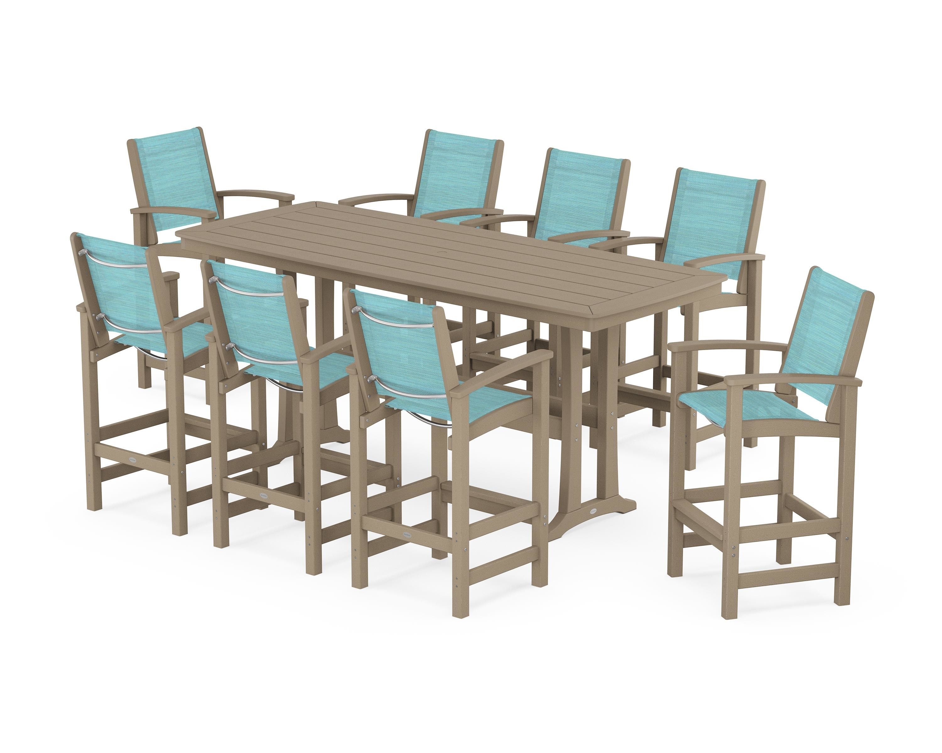 POLYWOOD Coastal 9-Piece Bar Set with Trestle Legs in Vintage Sahara / Dupioni Aquamarine Sling