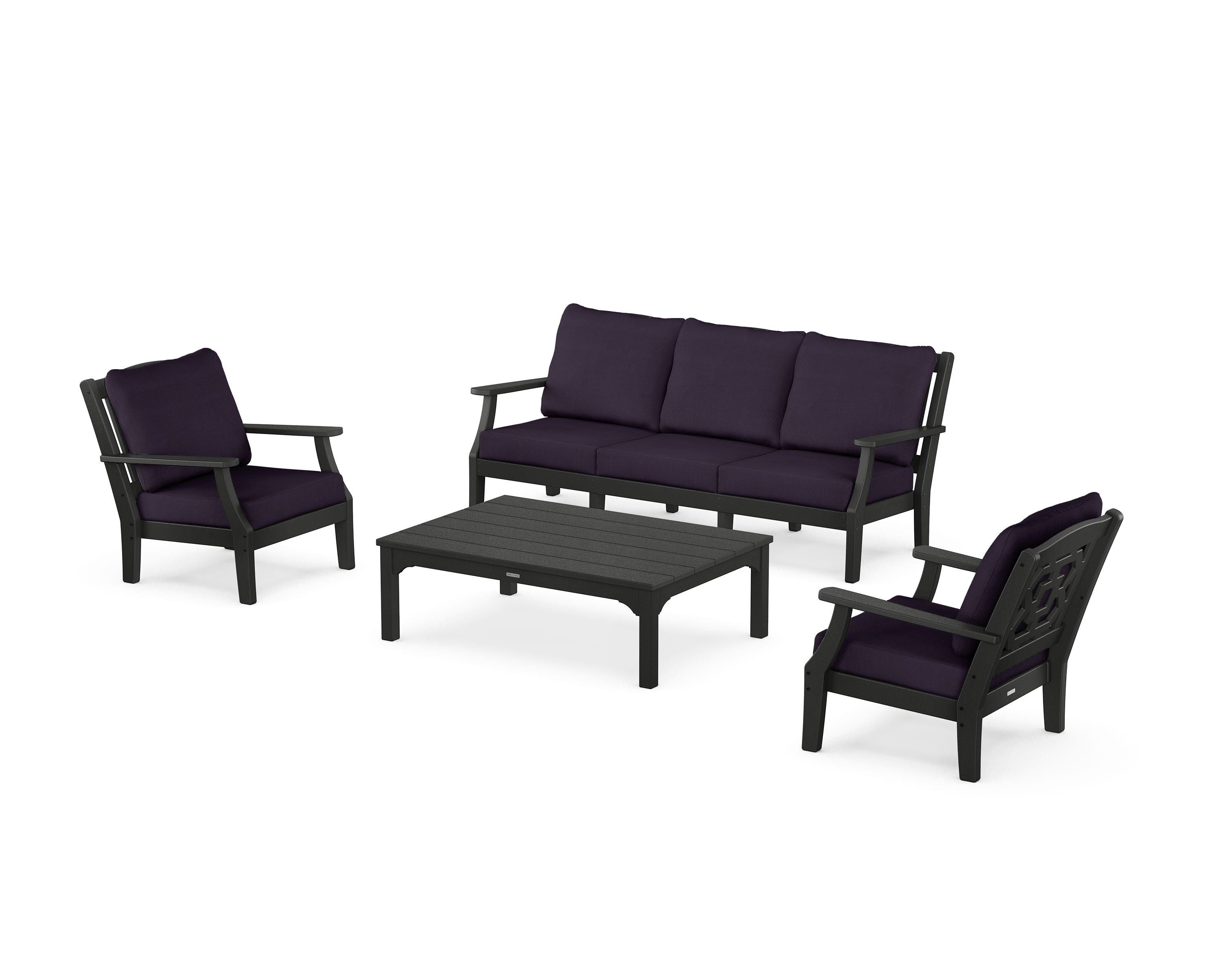 Martha Stewart by POLYWOOD Chinoiserie 4-Piece Deep Seating Set with Sofa in Black / Navy Linen